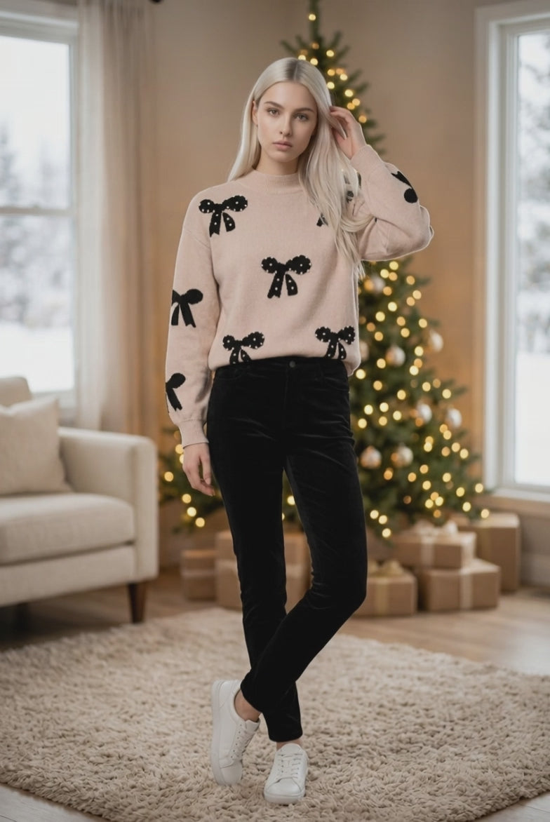 Smoke Gray Pearl Embellished Bow Pattern Loose Sweater