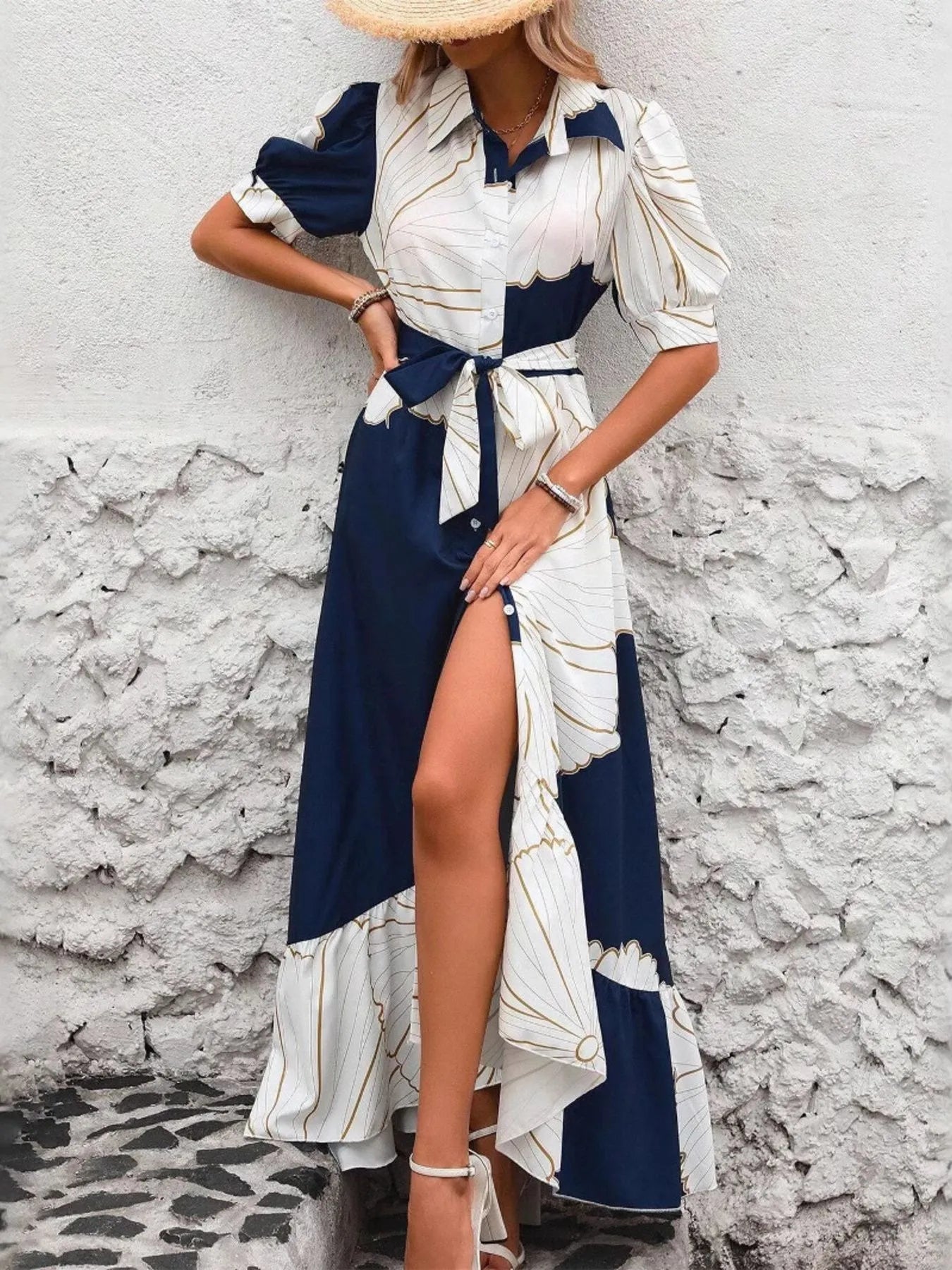 Crowned Energy CO. Navy Blue / S Trendsi Dresses/Floral Dresses Printed Button Down Half Sleeve Maxi Shirt Dress