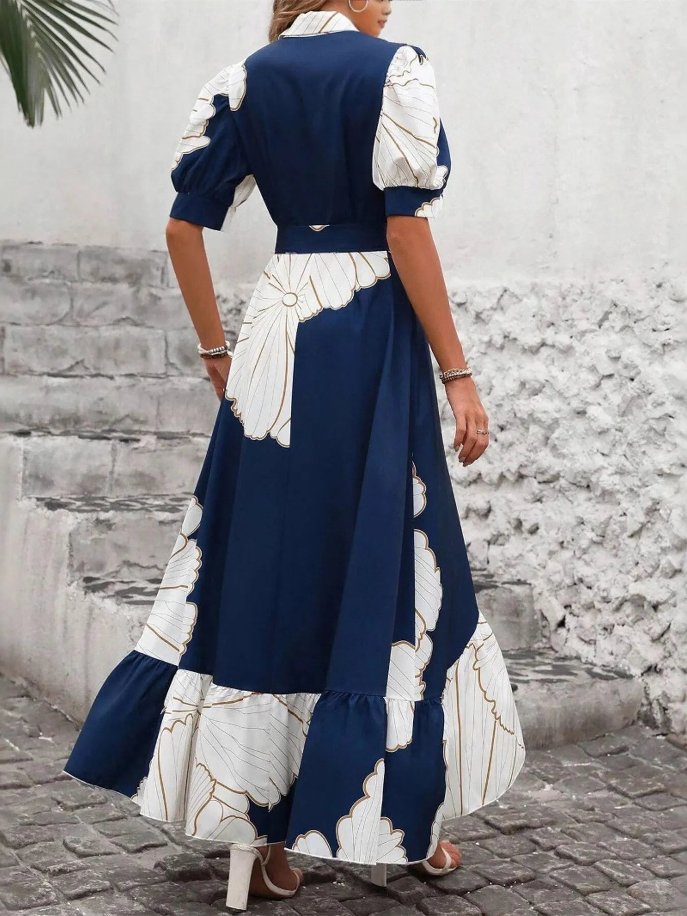 Crowned Energy CO. Navy Blue / S Trendsi Dresses/Floral Dresses Printed Button Down Half Sleeve Maxi Shirt Dress