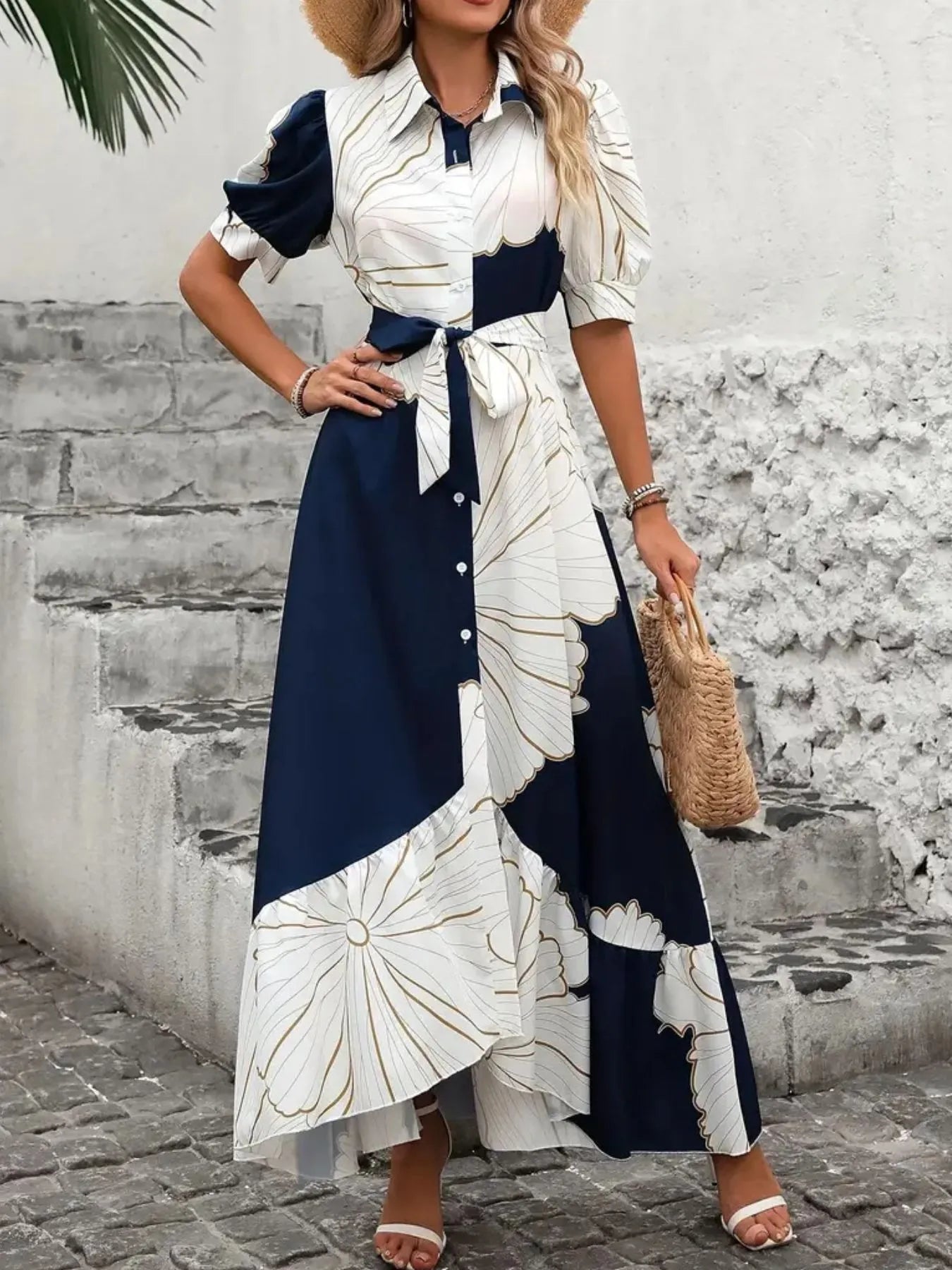 Crowned Energy CO. Navy Blue / S Trendsi Dresses/Floral Dresses Printed Button Down Half Sleeve Maxi Shirt Dress