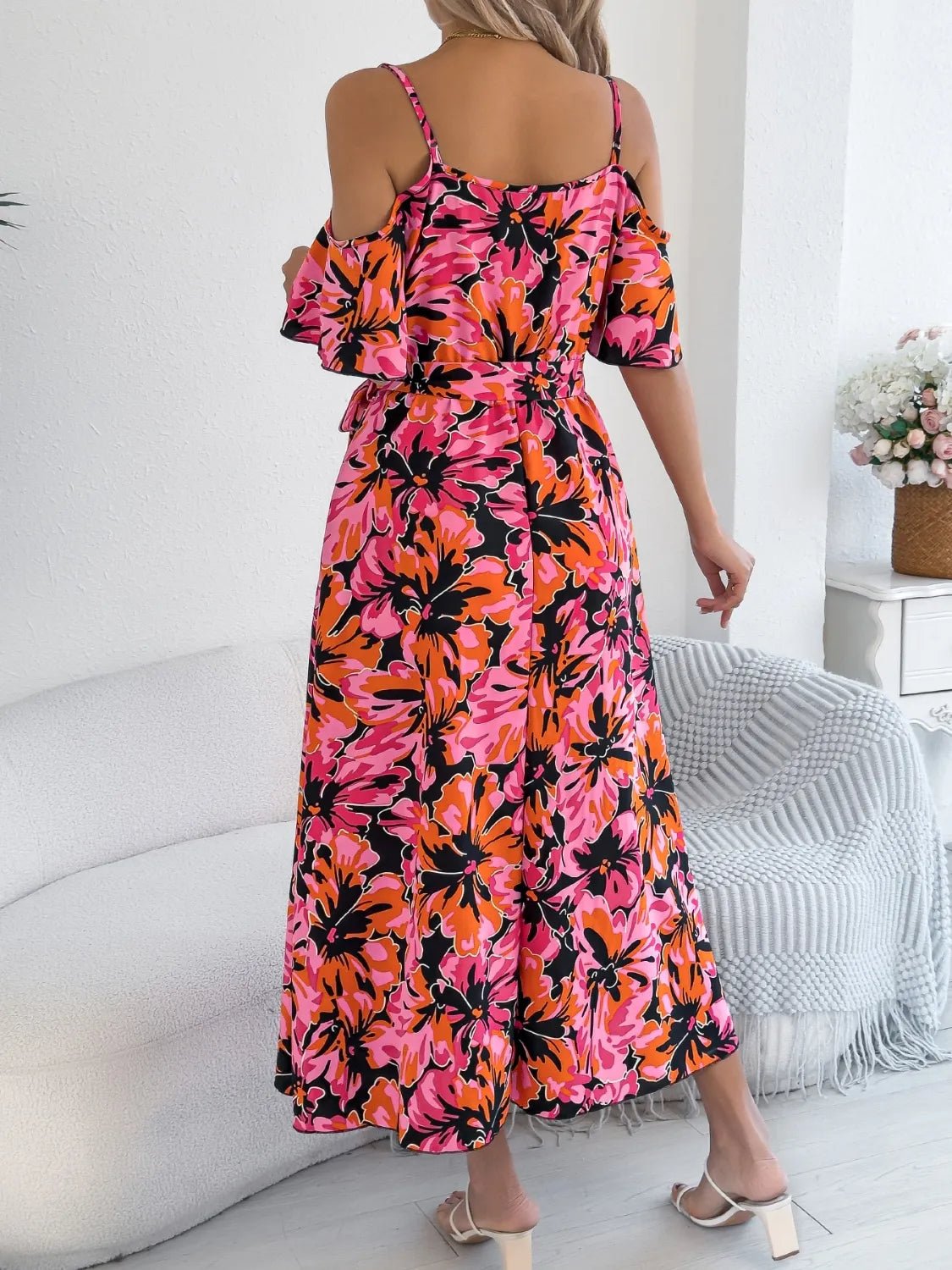 Crowned Energy CO. Hot Pink / S Trendsi Dresses/Floral Dresses Printed Cold Shoulder Midi Cami Dress