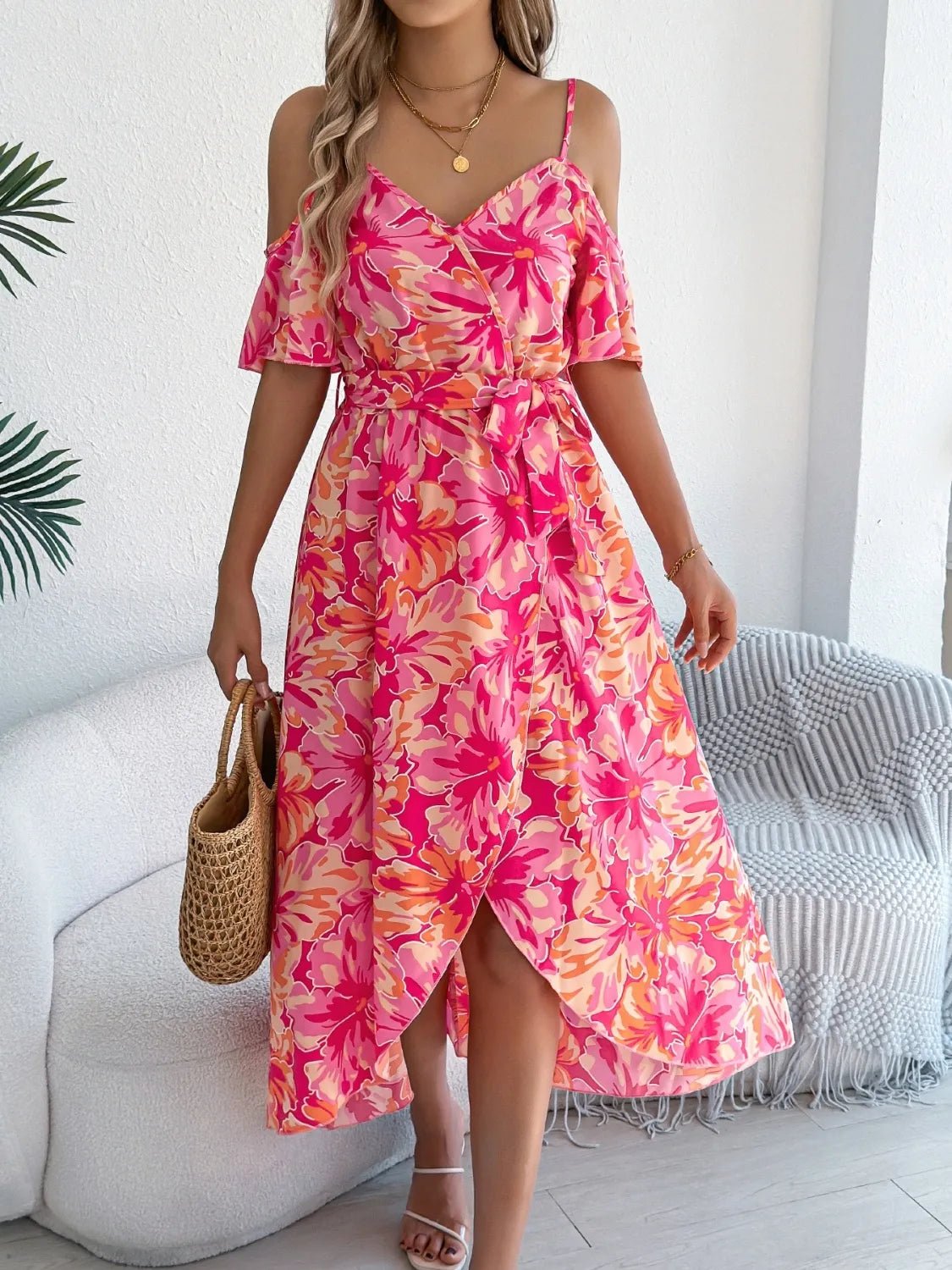 Crowned Energy CO. Hot Pink / S Trendsi Dresses/Floral Dresses Printed Cold Shoulder Midi Cami Dress