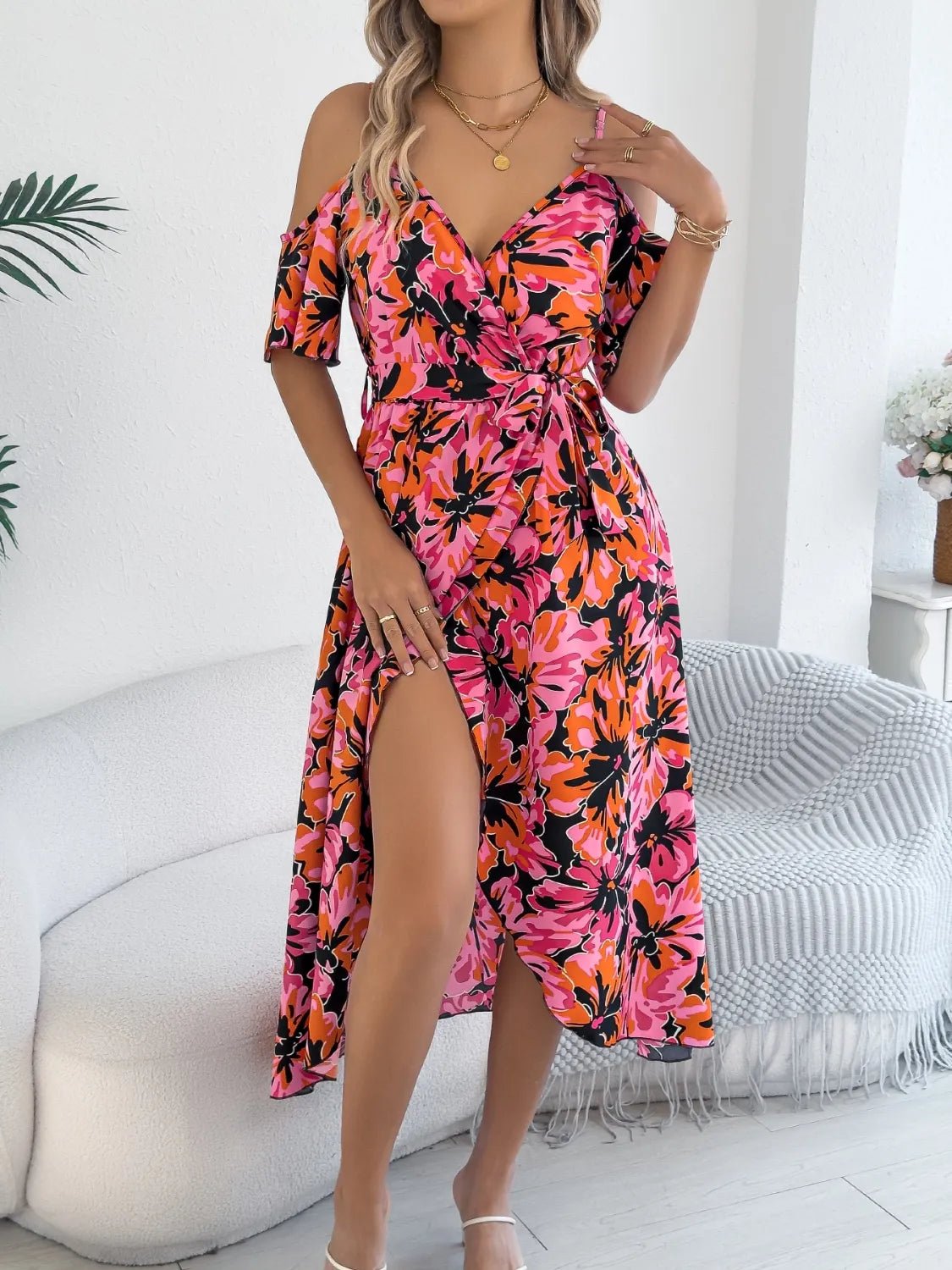 Crowned Energy CO. Hot Pink / S Trendsi Dresses/Floral Dresses Printed Cold Shoulder Midi Cami Dress