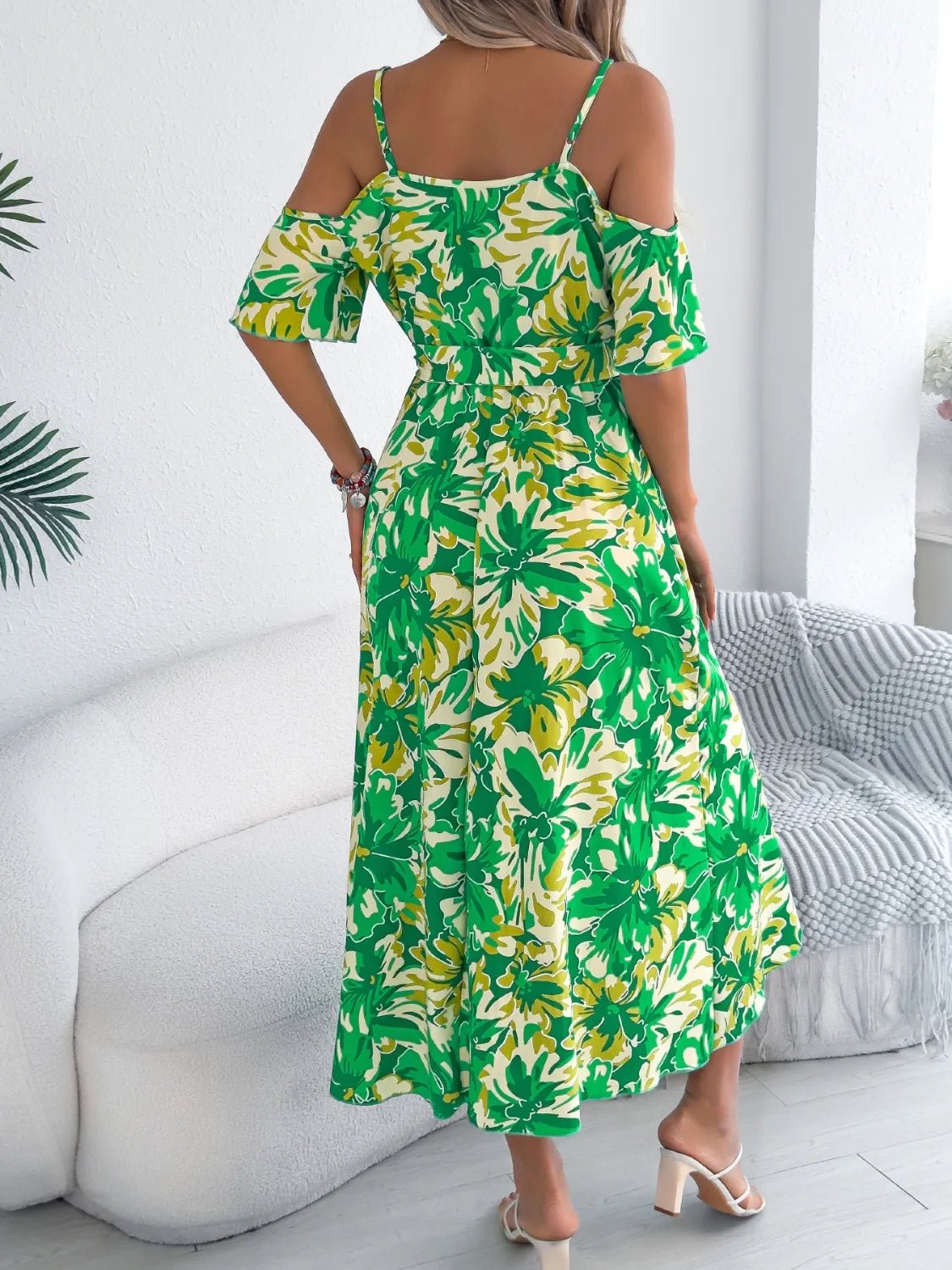 Crowned Energy CO. Hot Pink / S Trendsi Dresses/Floral Dresses Printed Cold Shoulder Midi Cami Dress