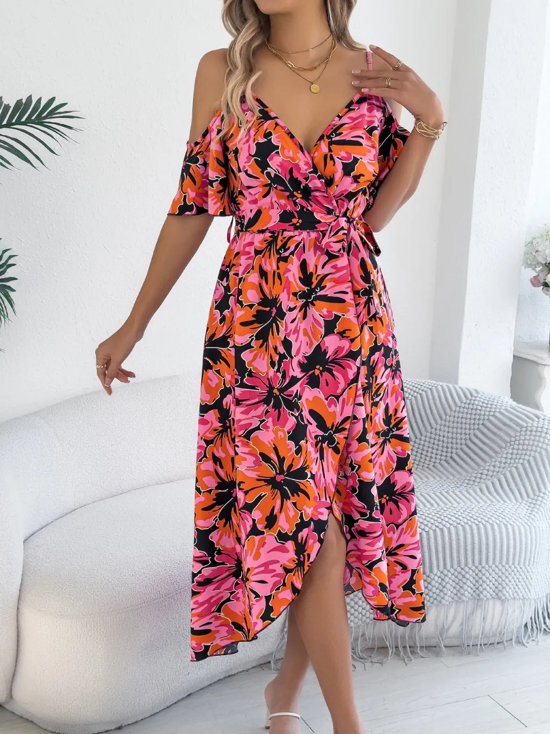 Crowned Energy CO. Hot Pink / S Trendsi Dresses/Floral Dresses Printed Cold Shoulder Midi Cami Dress
