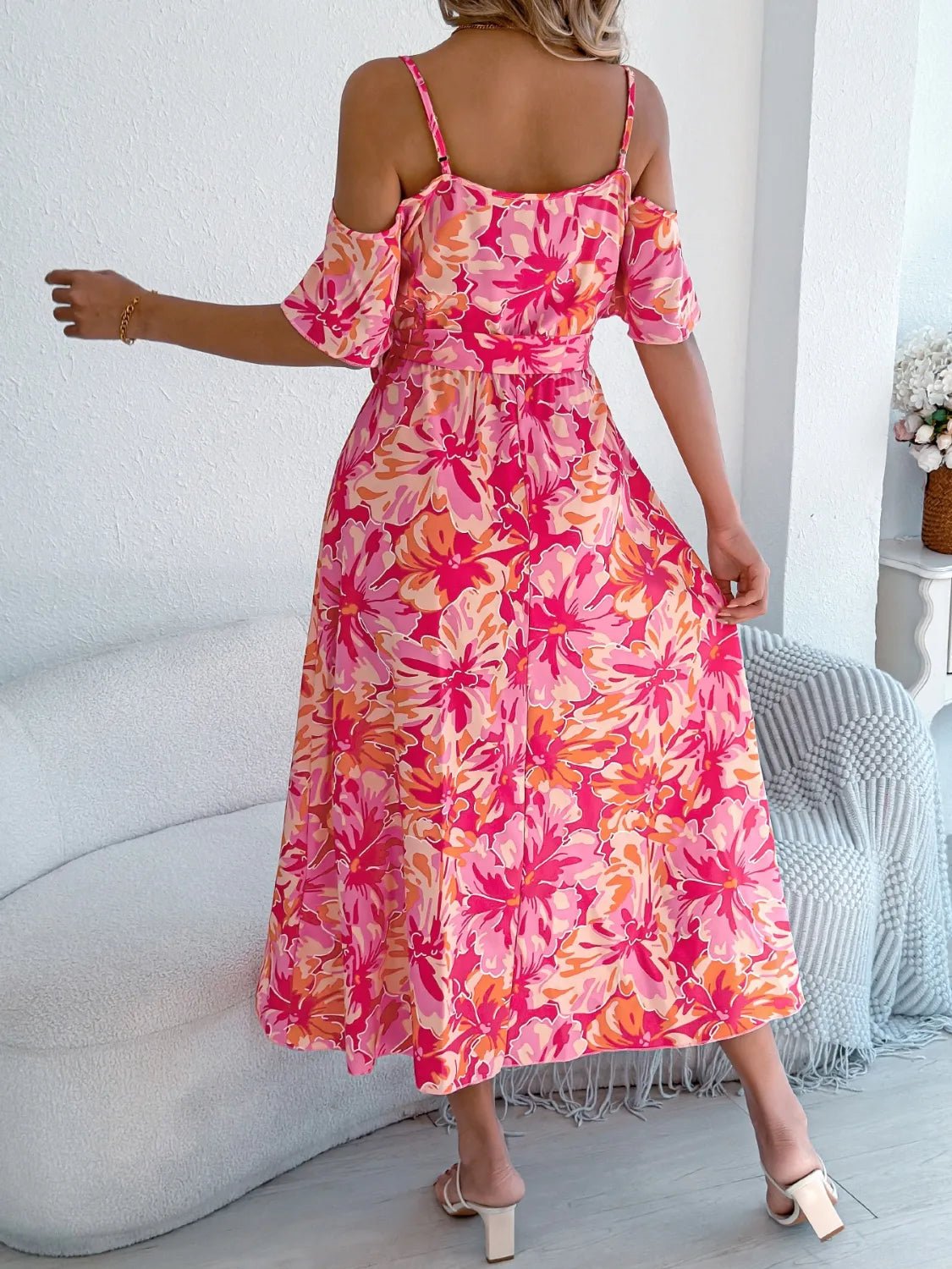 Crowned Energy CO. Hot Pink / S Trendsi Dresses/Floral Dresses Printed Cold Shoulder Midi Cami Dress