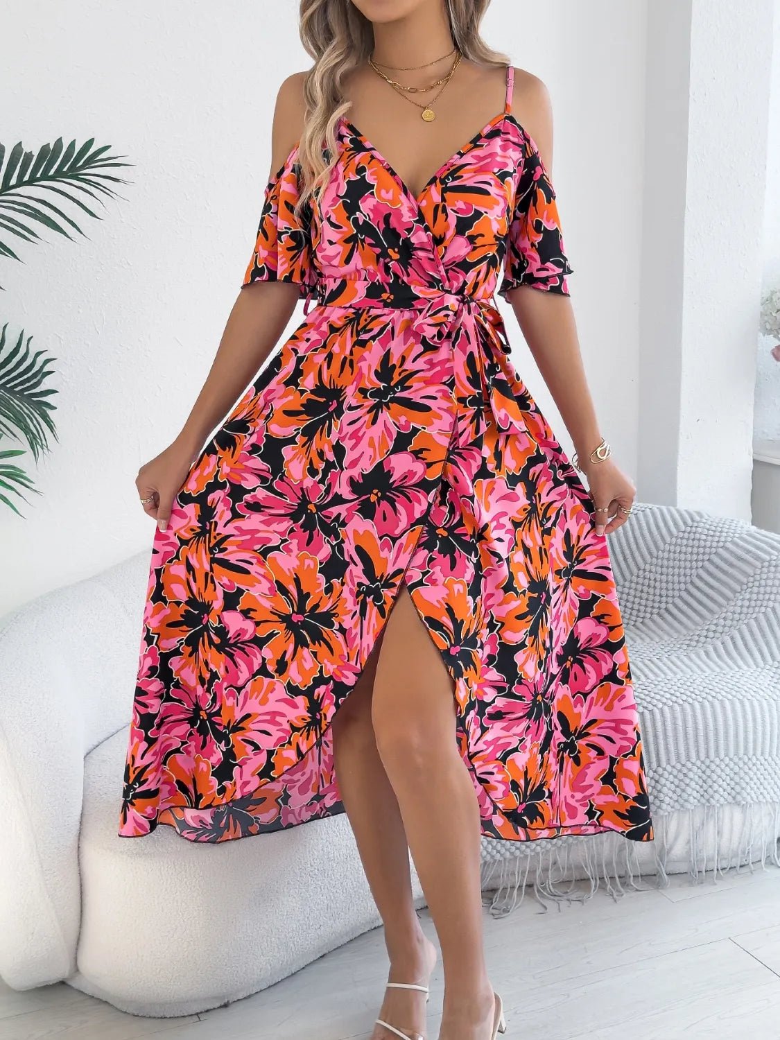 Crowned Energy CO. Hot Pink / S Trendsi Dresses/Floral Dresses Printed Cold Shoulder Midi Cami Dress
