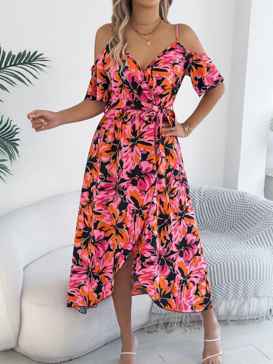 Crowned Energy CO. Black / S Trendsi Dresses/Floral Dresses Printed Cold Shoulder Midi Cami Dress