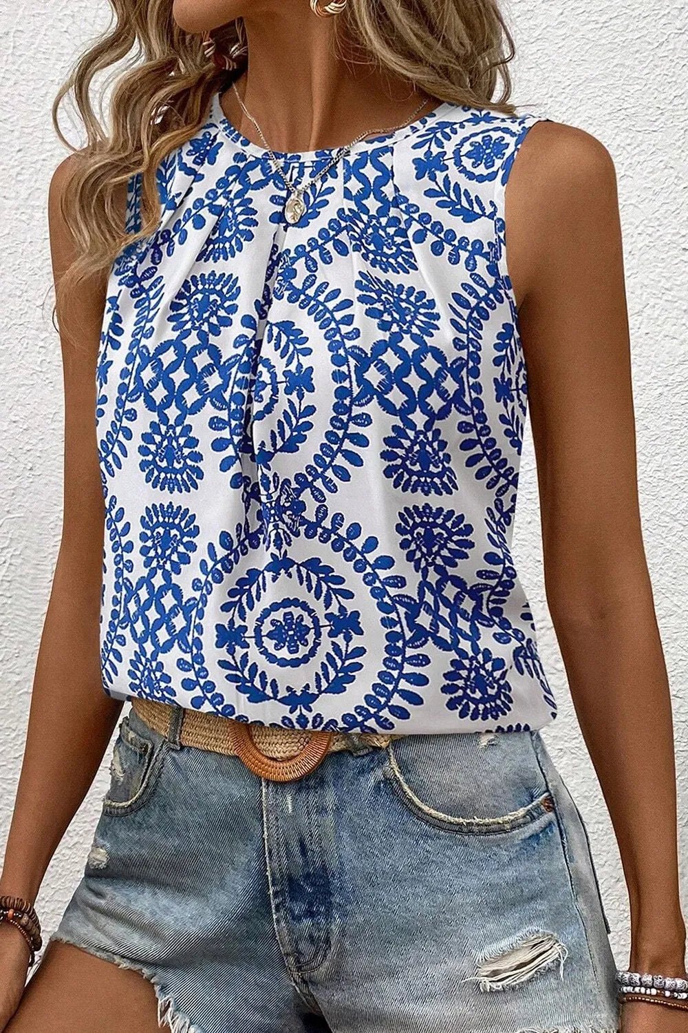 Crowned Energy CO. Blue / S Trendsi Shirt Printed Crew Neck Sleeveless Top