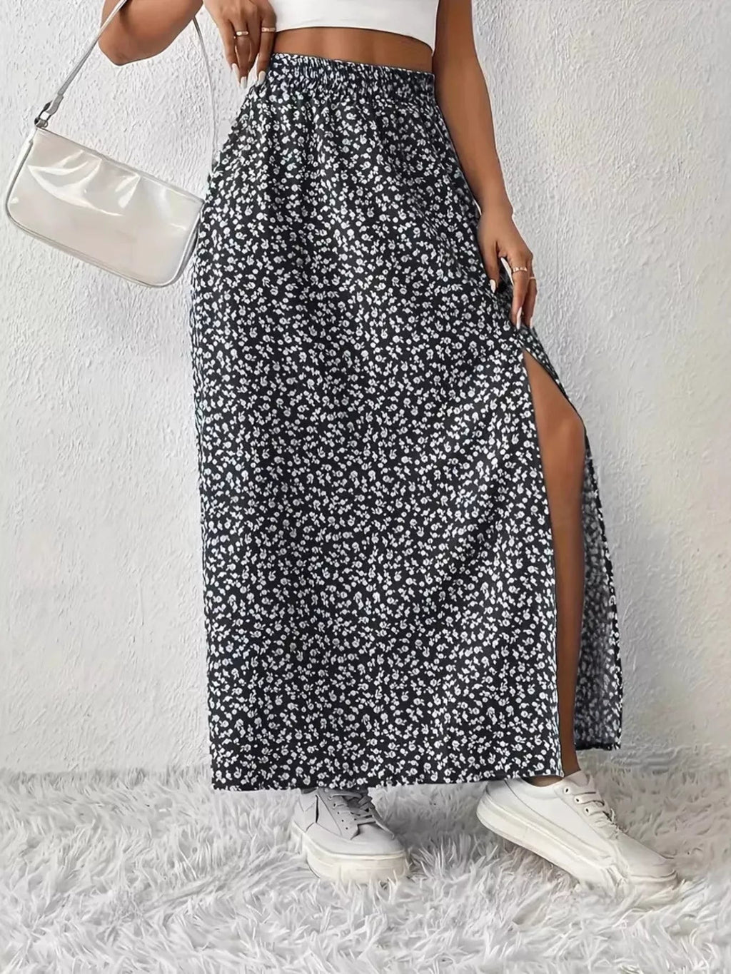 Printed Midi Skirt With Slit – Lightweight Polyester - Crowned Energy CO.