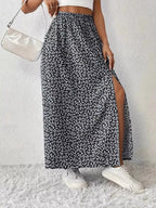Printed Midi Skirt With Slit – Lightweight Polyester - Crowned Energy CO.