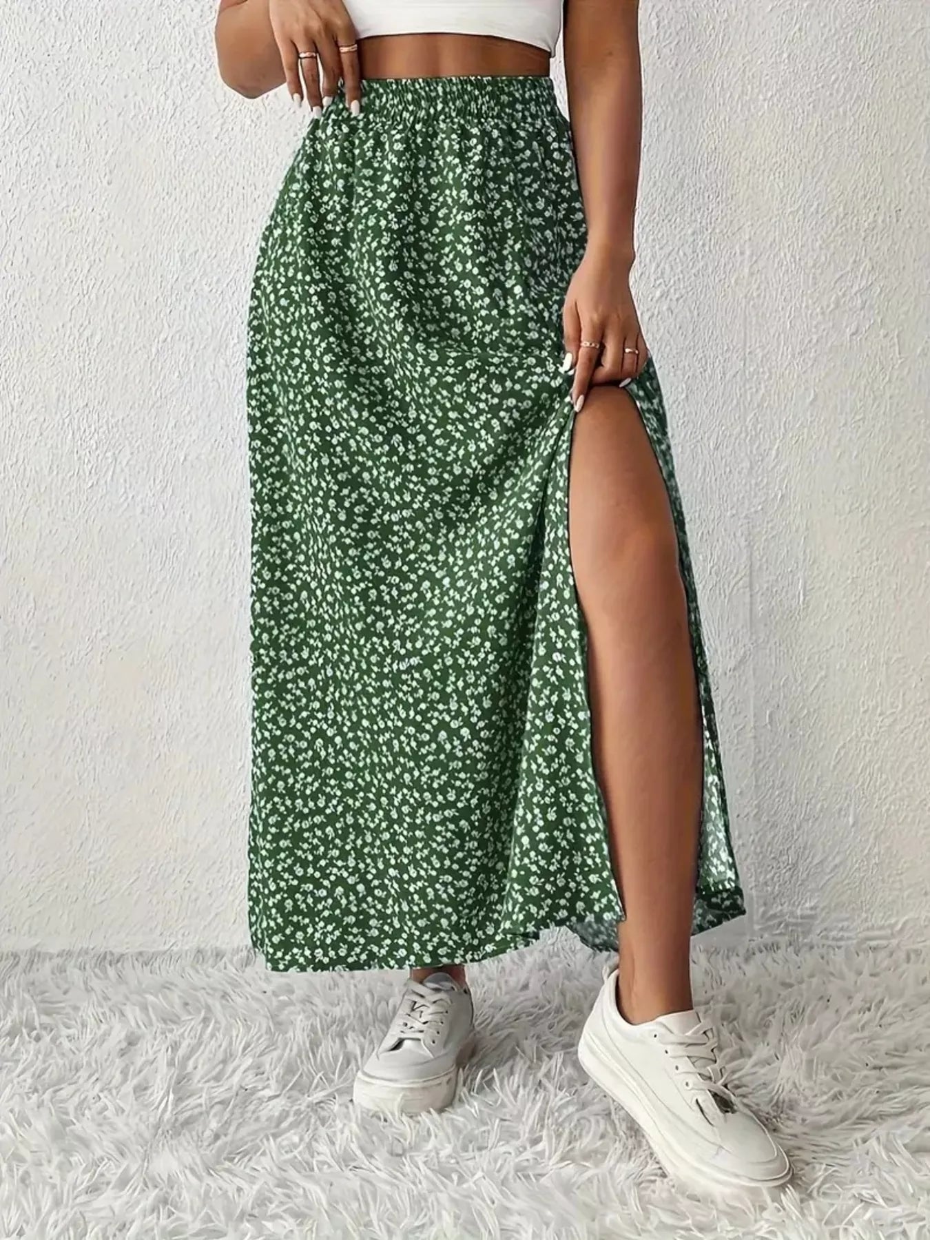 Printed Midi Skirt With Slit – Lightweight Polyester - Crowned Energy CO.