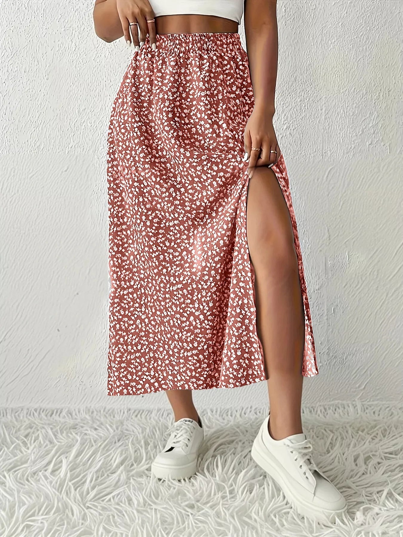 Printed Midi Skirt With Slit – Lightweight Polyester - Crowned Energy CO.
