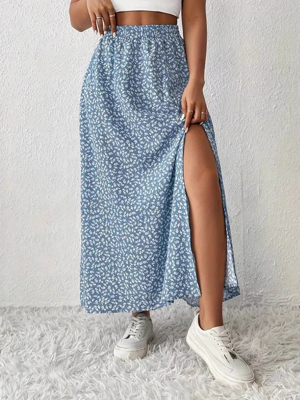 Printed Midi Skirt With Slit – Lightweight Polyester - Crowned Energy CO.