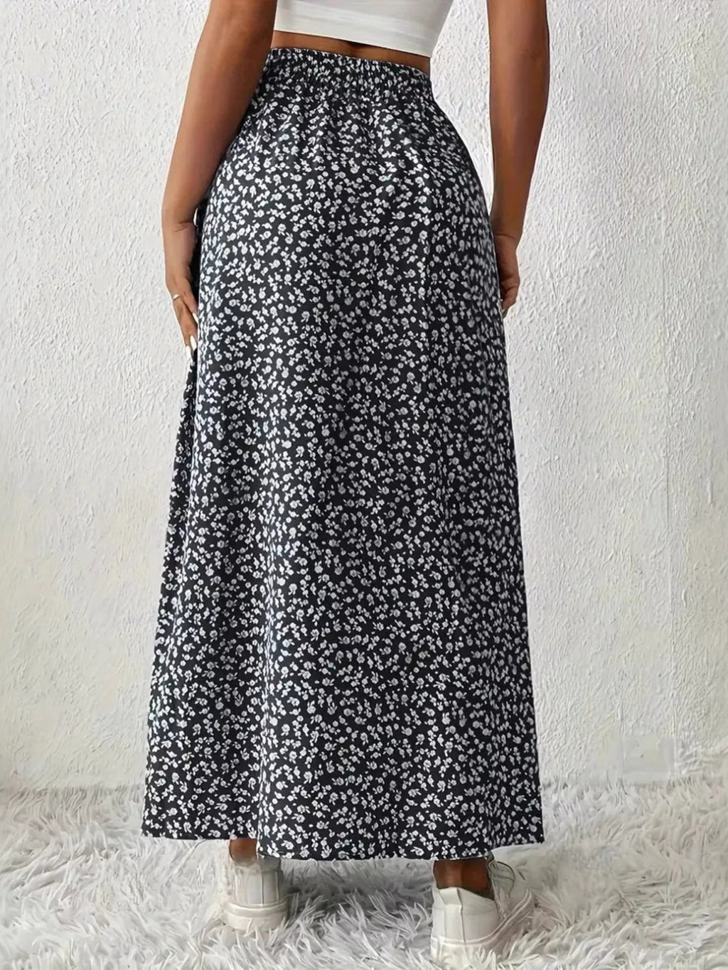 Printed Midi Skirt With Slit – Lightweight Polyester - Crowned Energy CO.