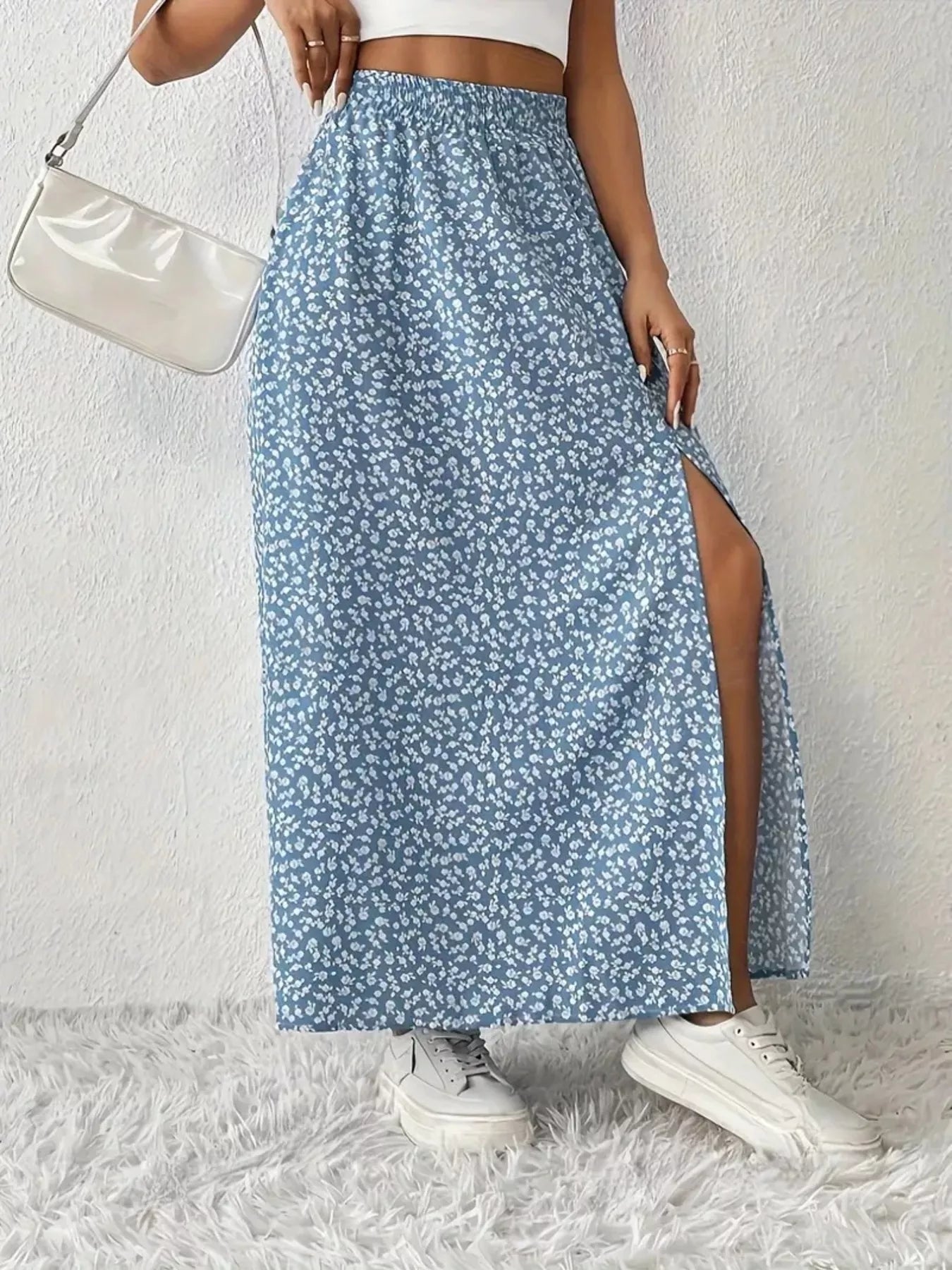 Printed Midi Skirt With Slit – Lightweight Polyester - Crowned Energy CO.