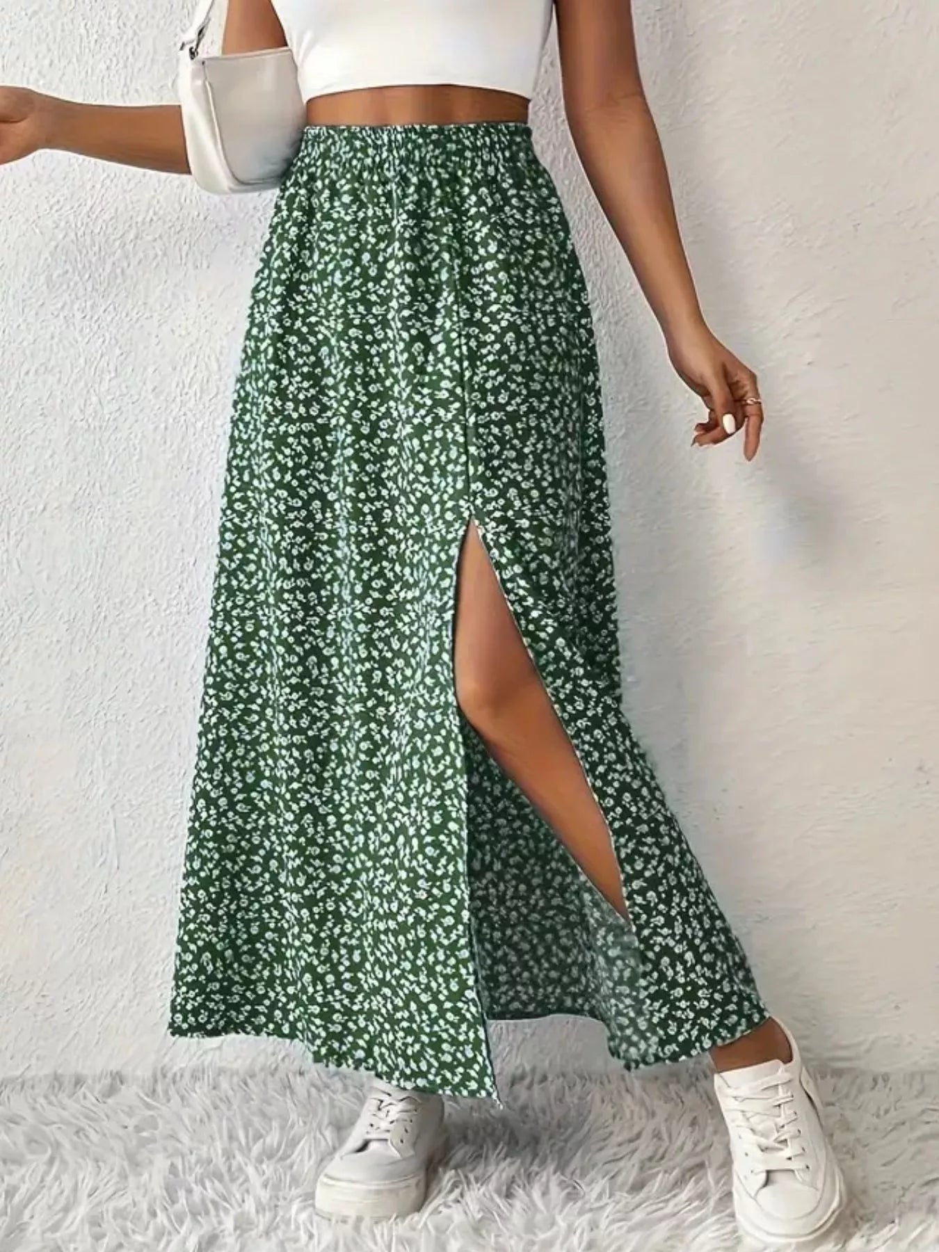 Printed Midi Skirt With Slit – Lightweight Polyester - Crowned Energy CO.