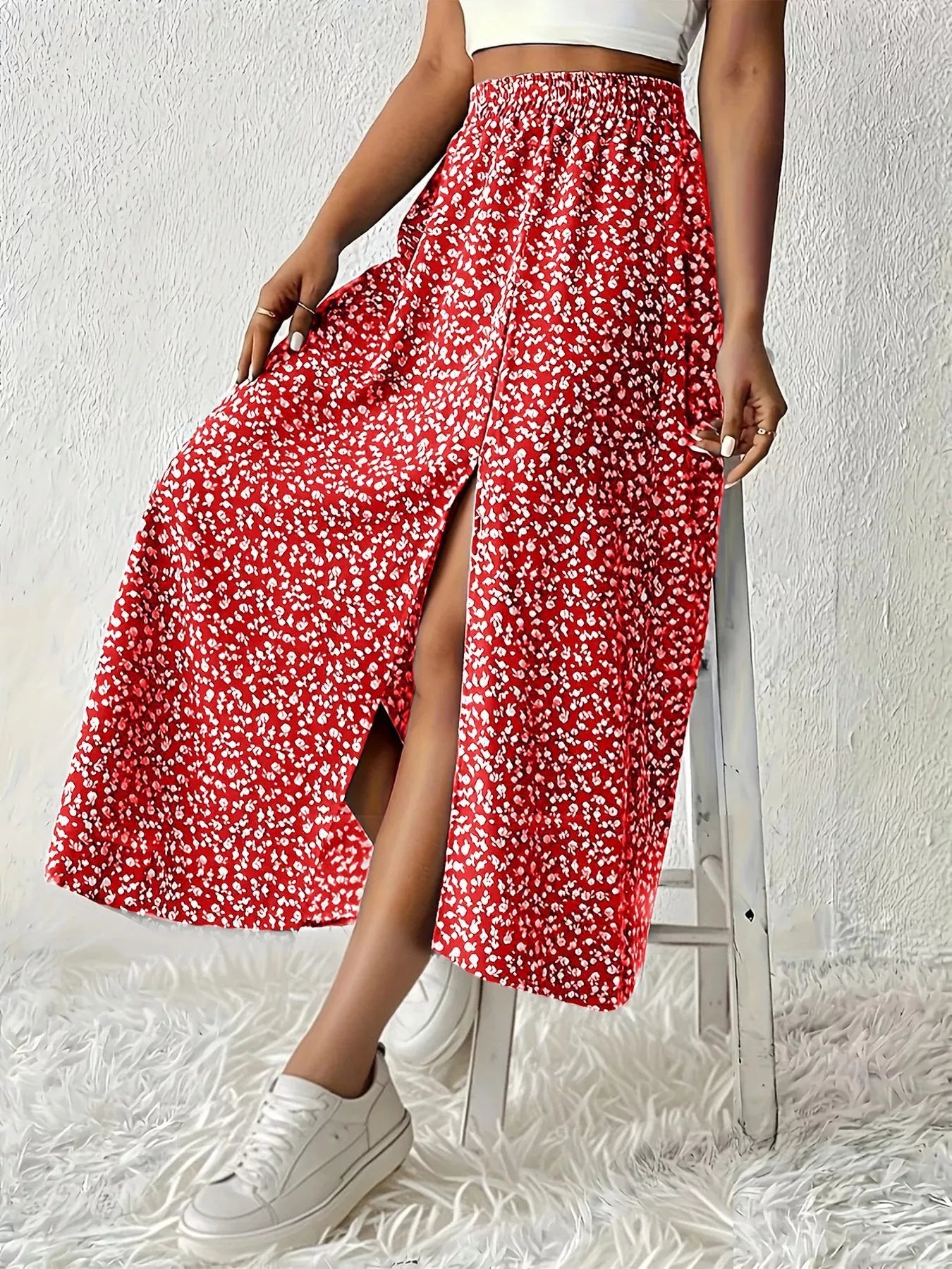 Printed Midi Skirt With Slit – Lightweight Polyester - Crowned Energy CO.