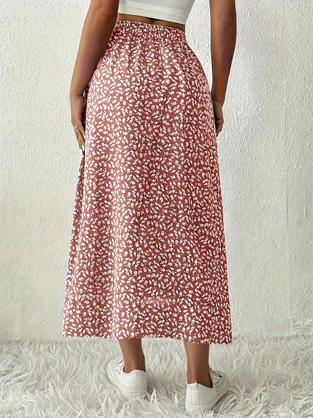 Printed Midi Skirt With Slit – Lightweight Polyester - Crowned Energy CO.
