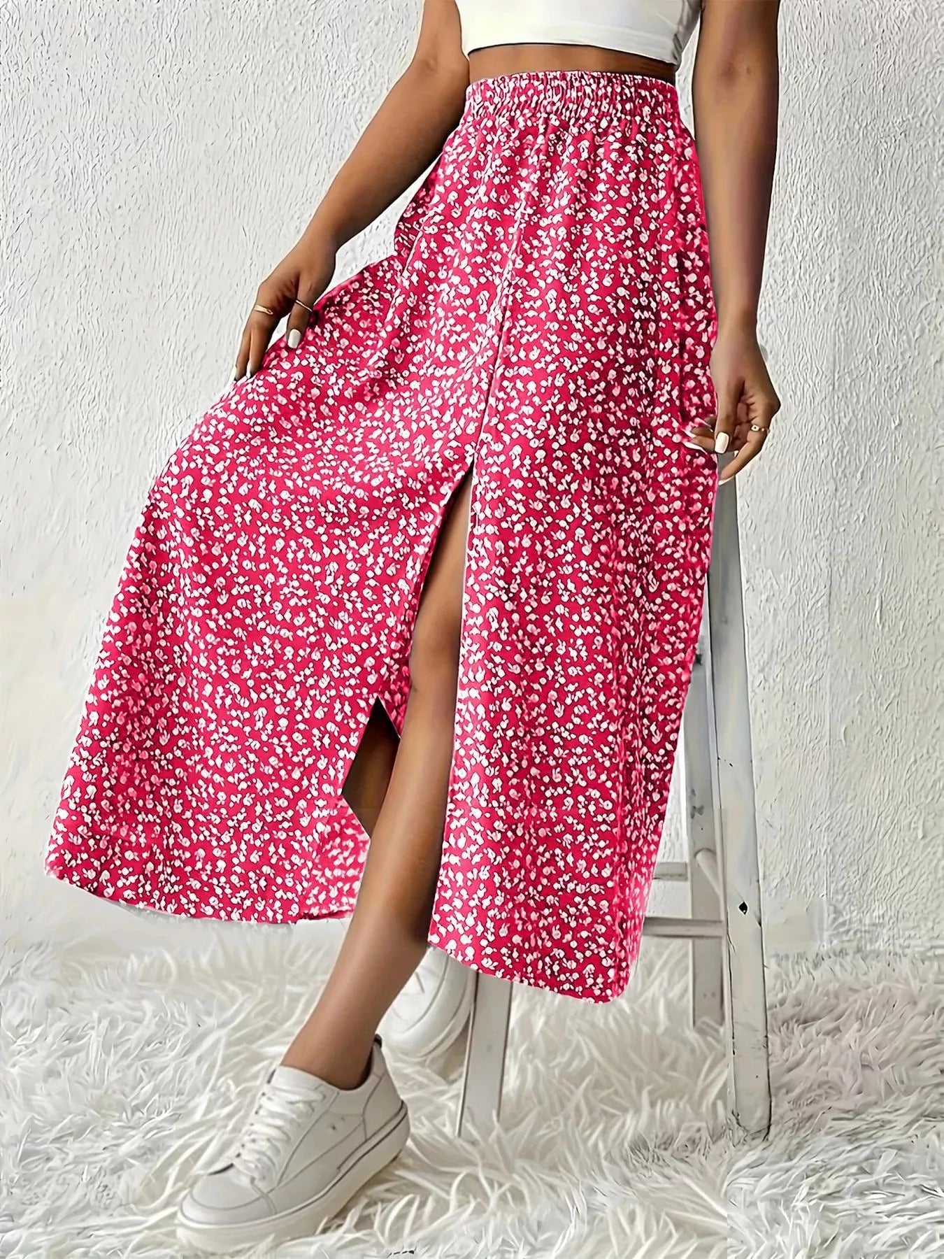 Printed Midi Skirt With Slit – Lightweight Polyester - Crowned Energy CO.