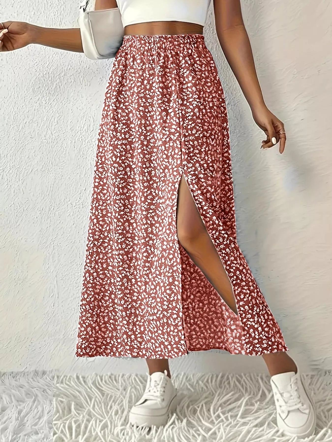 Printed Midi Skirt With Slit – Lightweight Polyester - Crowned Energy CO.