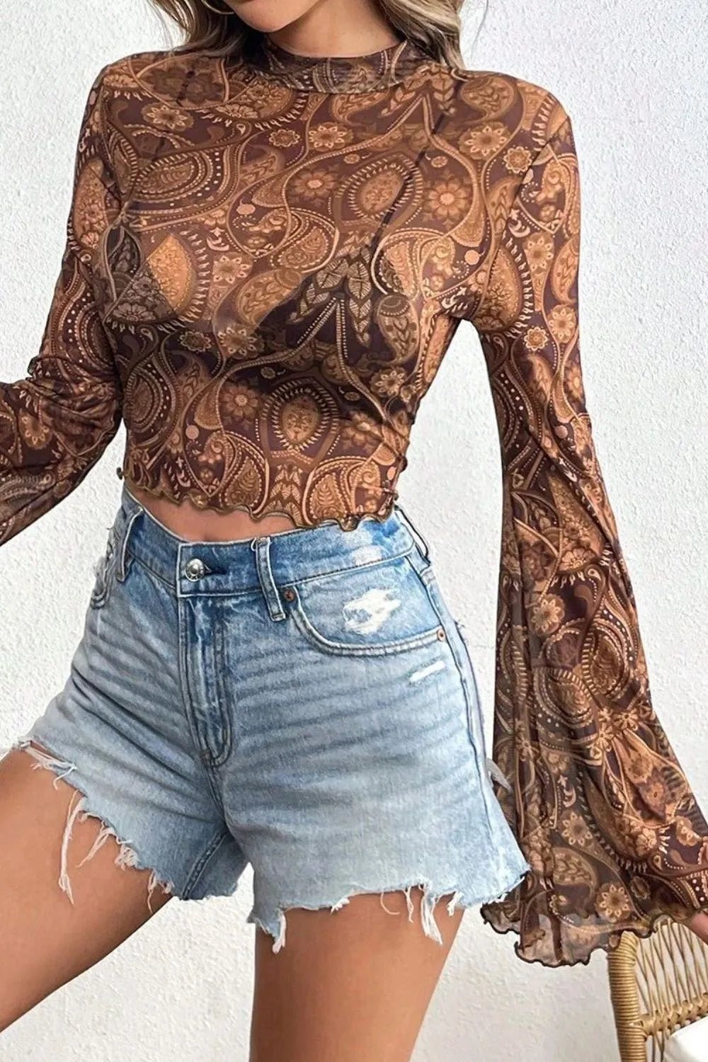 Printed Mock Neck Flare Sleeve Top - Crowned Energy CO.