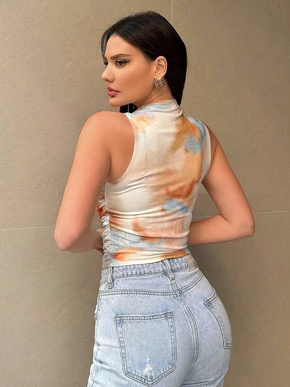 Printed Mock Neck Ruched Tank - Crowned Energy CO.