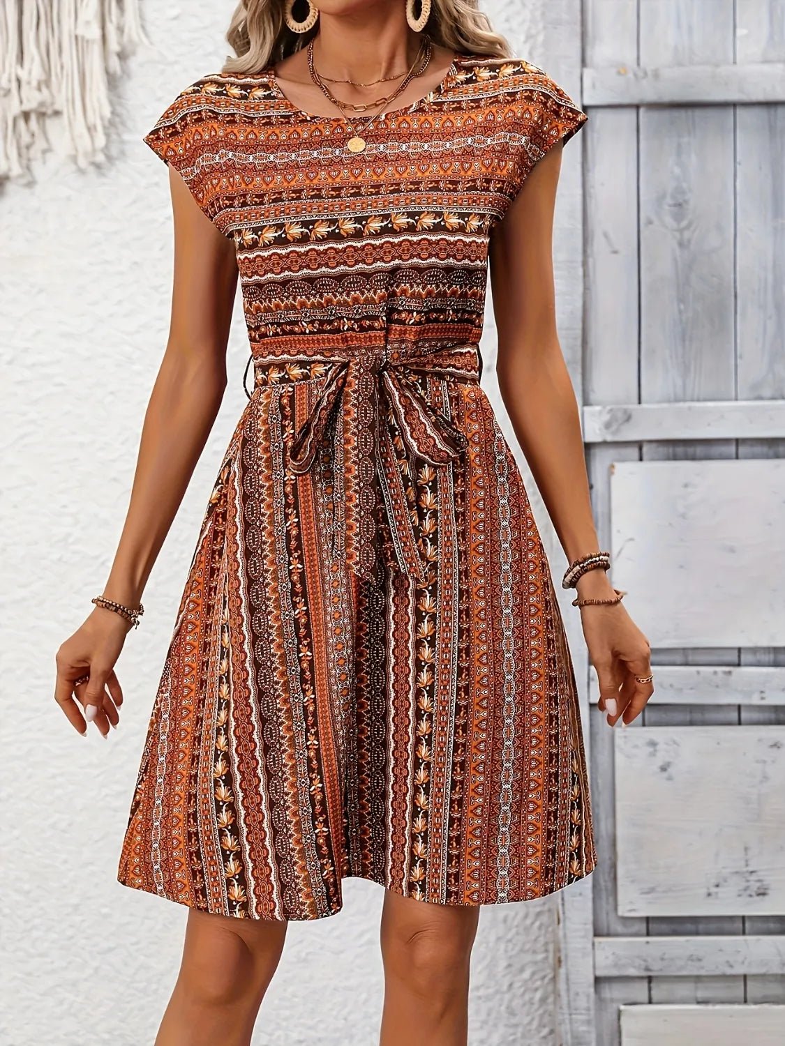 Crowned Energy CO. Caramel / S Trendsi Dresses Printed Round Neck Cap Sleeve Dress