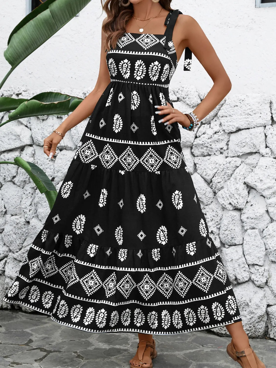 Crowned Energy CO. Black / S Trendsi Dresses Printed Square Neck Maxi Cami Dress