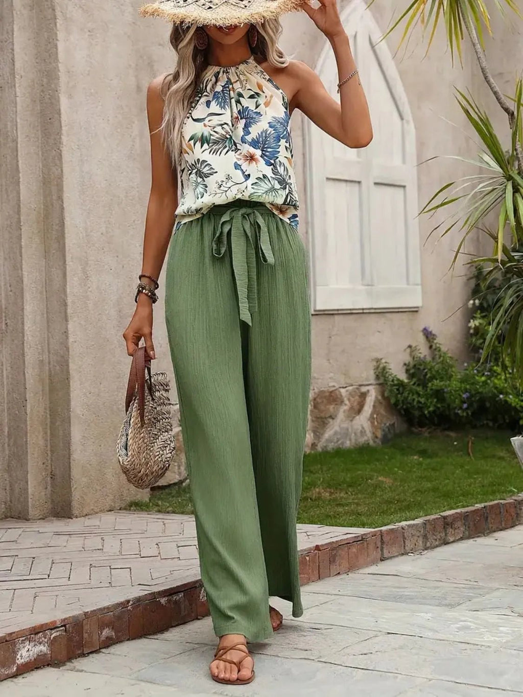 Crowned Energy CO. Dark Green / S Trendsi OUTFIT SET Printed Tank Top and Wide Leg Pants Set