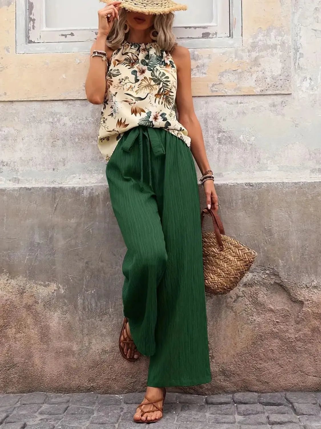 Crowned Energy CO. Dark Green / S Trendsi OUTFIT SET Printed Tank Top and Wide Leg Pants Set