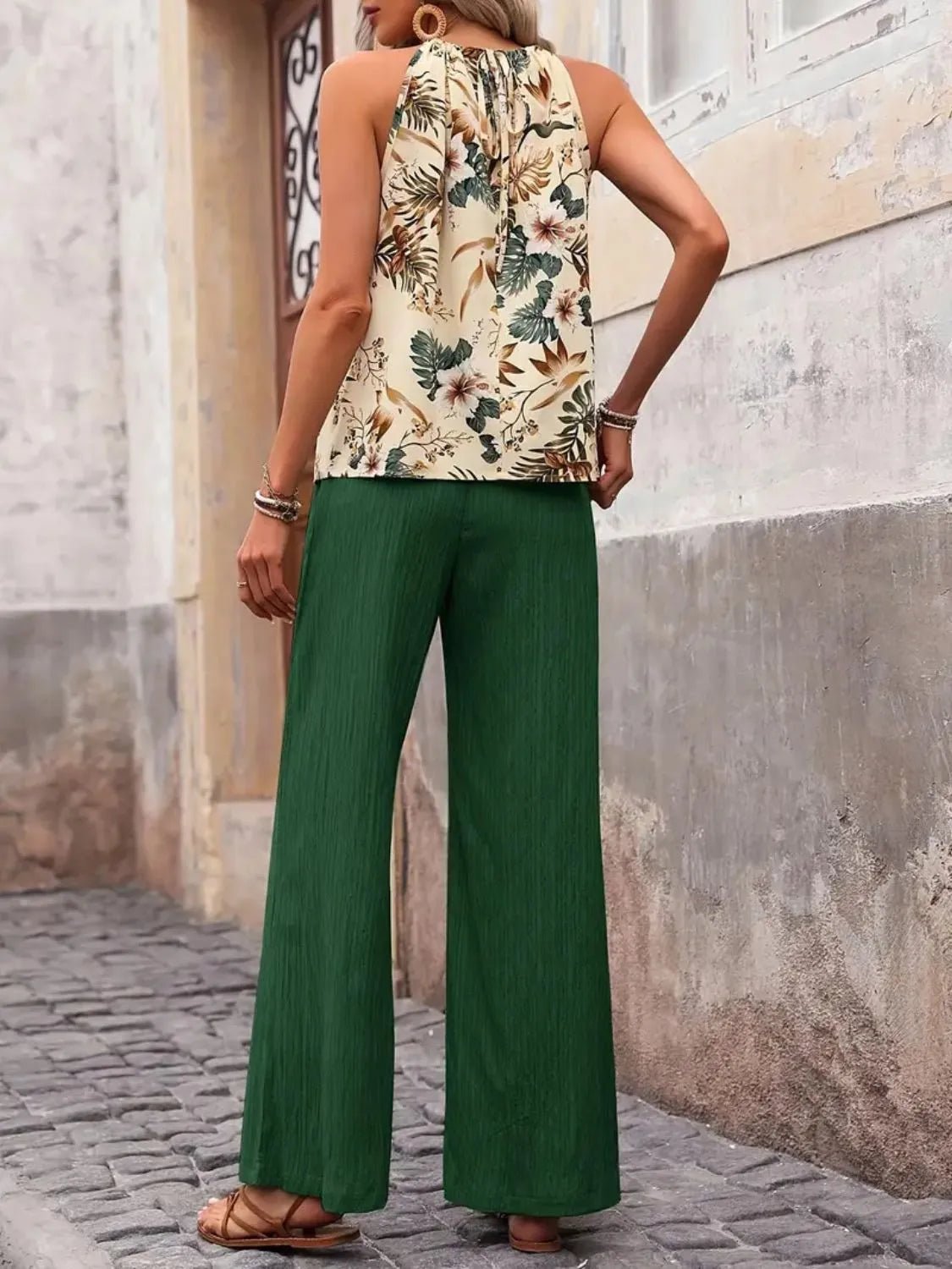 Crowned Energy CO. Dark Green / S Trendsi OUTFIT SET Printed Tank Top and Wide Leg Pants Set