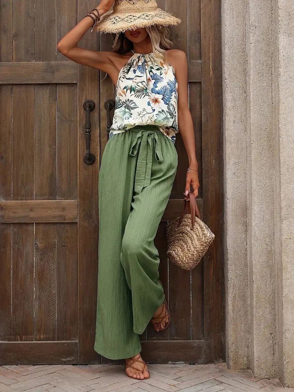 Crowned Energy CO. Dark Green / S Trendsi OUTFIT SET Printed Tank Top and Wide Leg Pants Set
