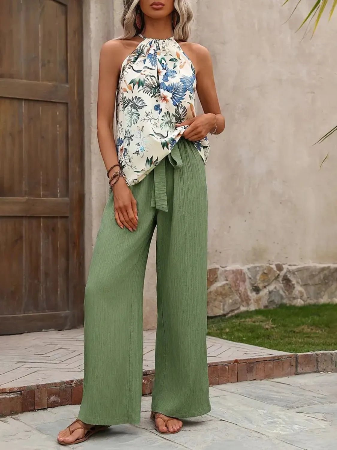 Crowned Energy CO. Matcha Green / S Trendsi OUTFIT SET Printed Tank Top and Wide Leg Pants Set