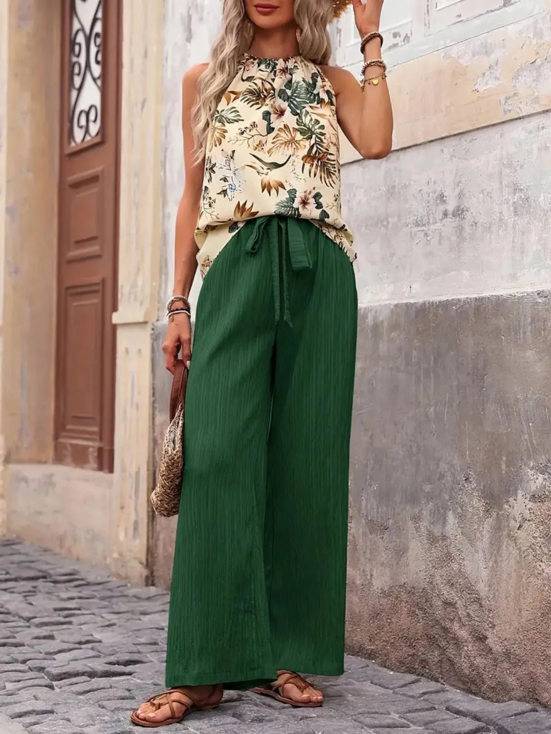 Crowned Energy CO. Dark Green / S Trendsi OUTFIT SET Printed Tank Top and Wide Leg Pants Set