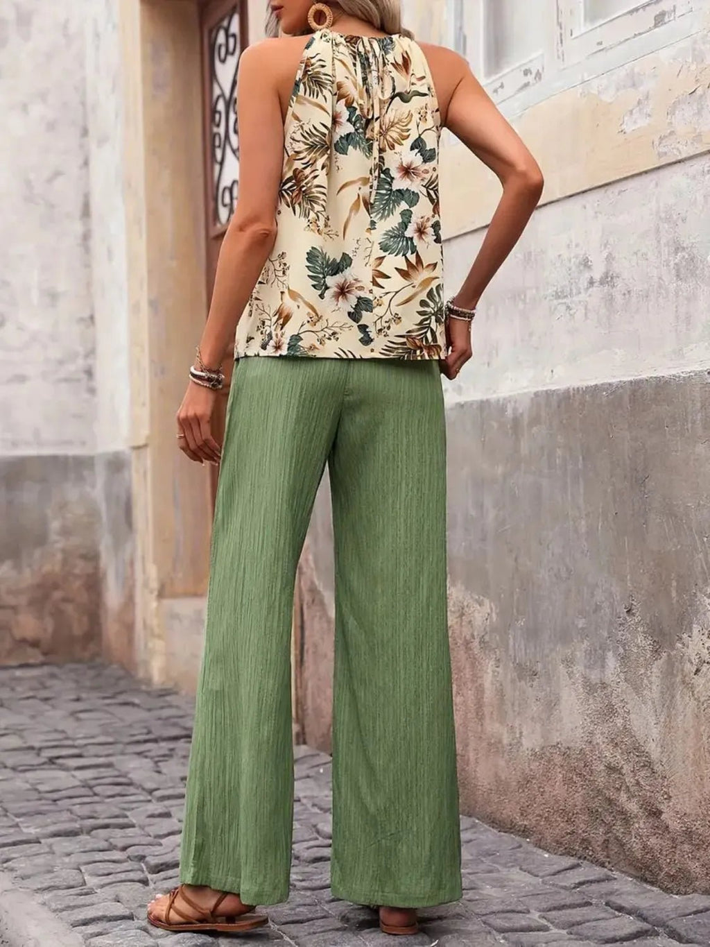 Crowned Energy CO. Dark Green / S Trendsi OUTFIT SET Printed Tank Top and Wide Leg Pants Set