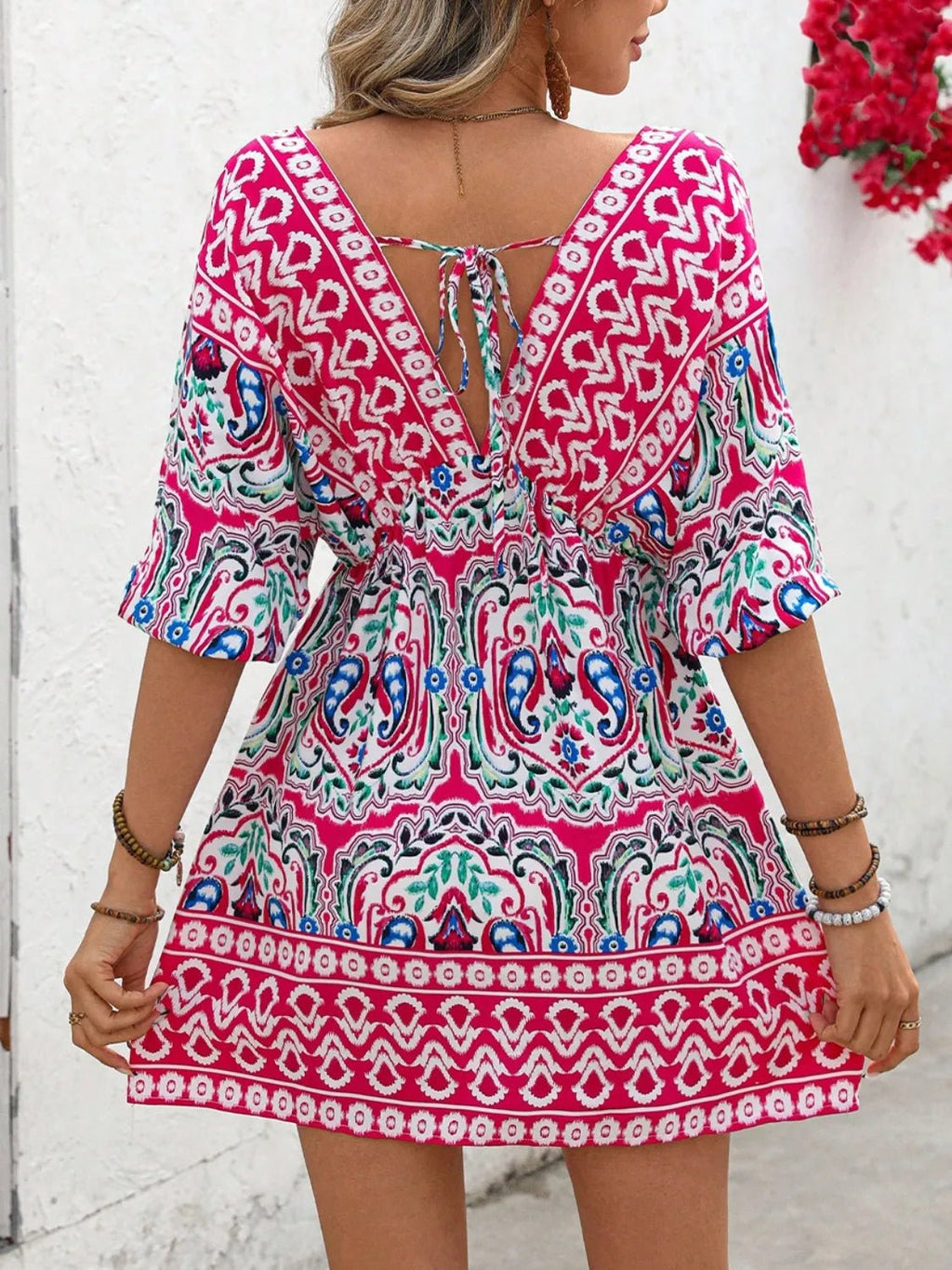 Crowned Energy CO. Hot Pink / S Trendsi Dresses Printed Tie Back Half Sleeve Mini Dress