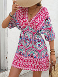 Crowned Energy CO. Hot Pink / S Trendsi Dresses Printed Tie Back Half Sleeve Mini Dress
