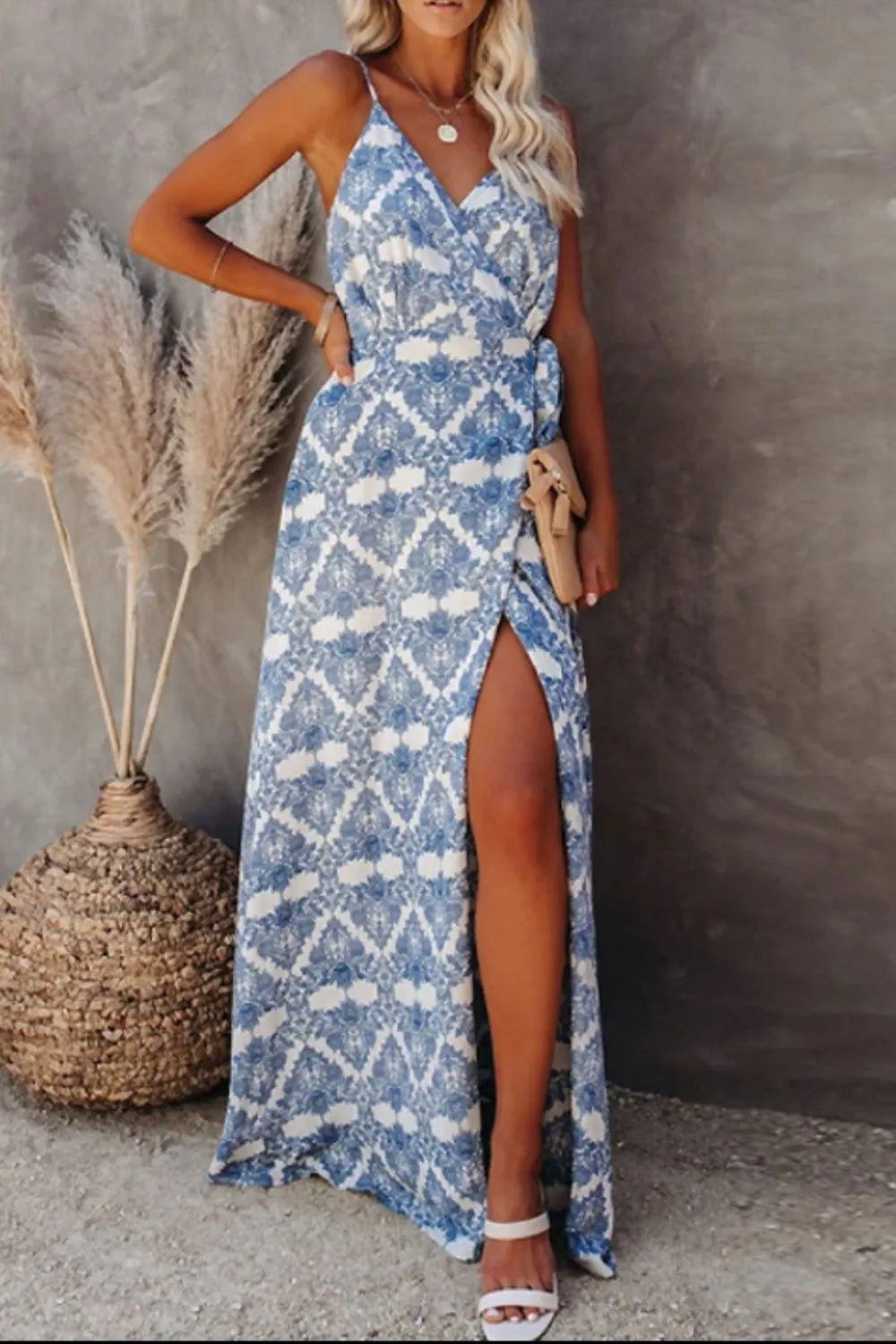 Printed Tied Maxi Cami Dress - Crowned Energy CO.