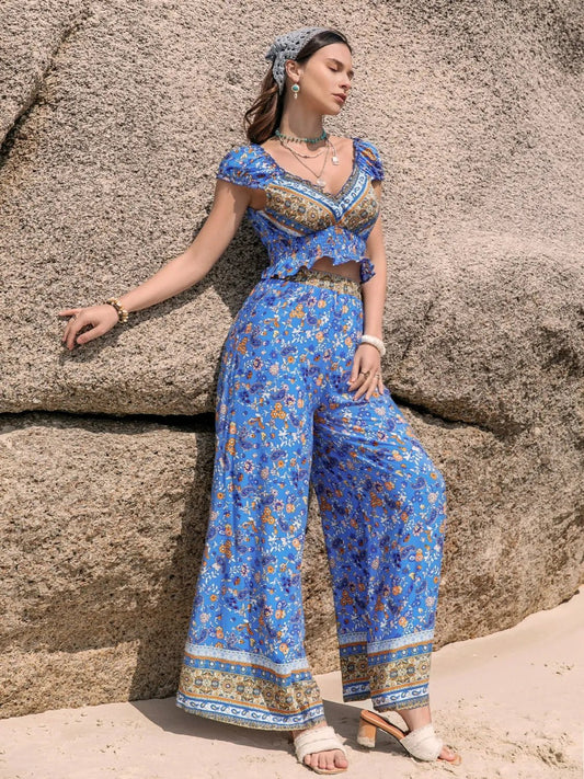 Crowned Energy CO. Blue / S Trendsi Printed V-Neck Top and Pants Set