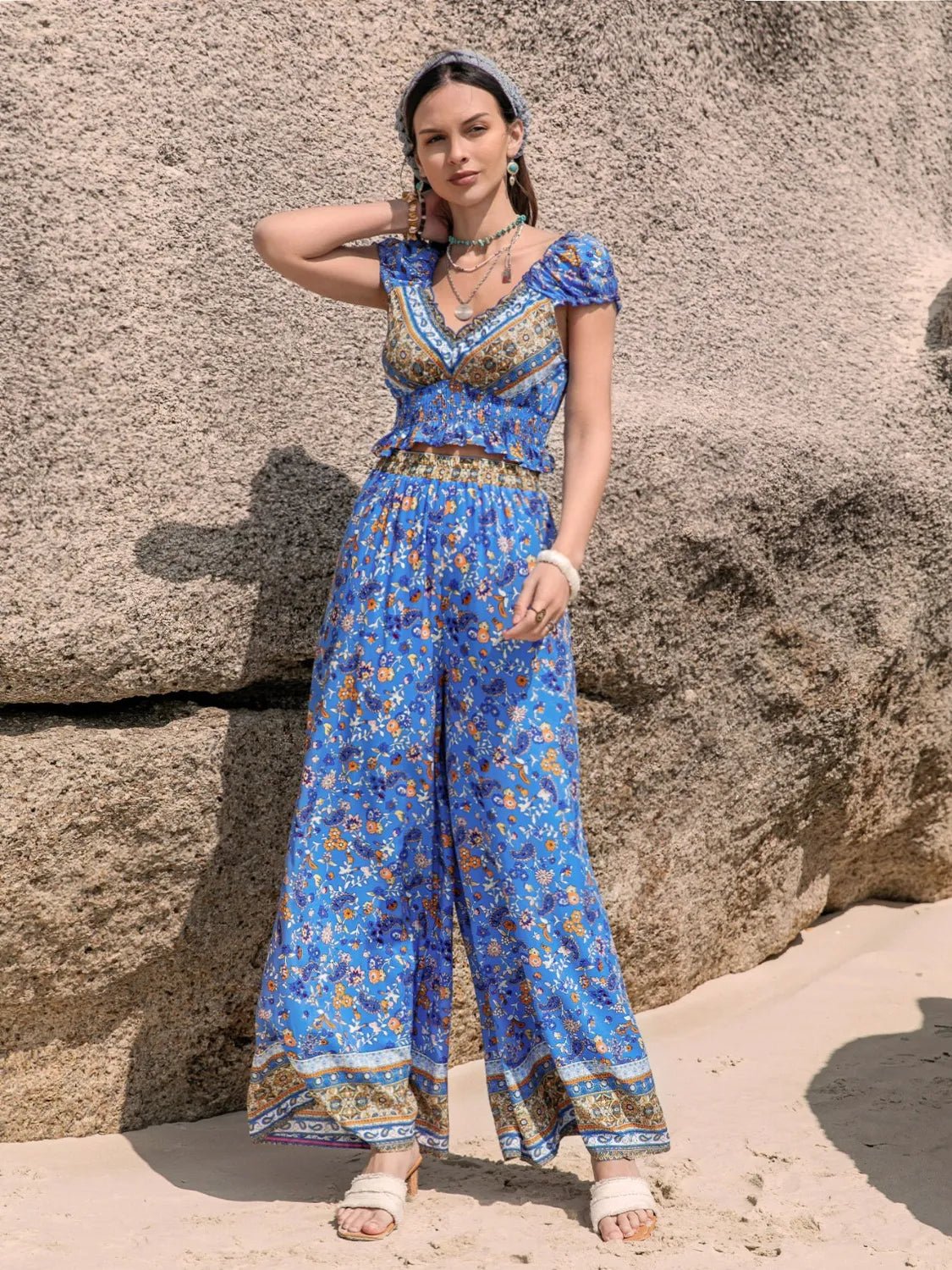 Crowned Energy CO. Blue / S Trendsi Printed V-Neck Top and Pants Set