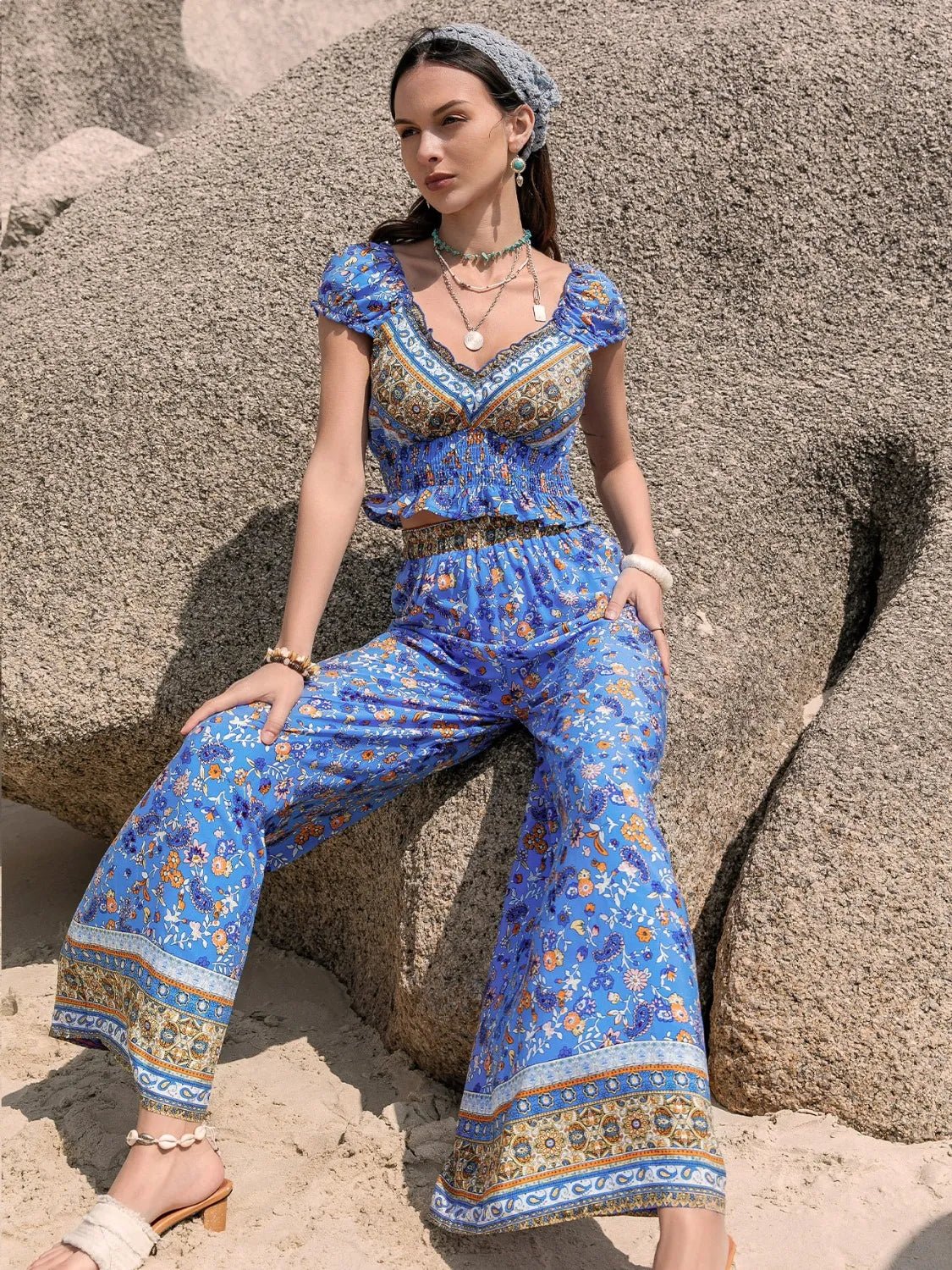 Crowned Energy CO. Blue / S Trendsi Printed V-Neck Top and Pants Set