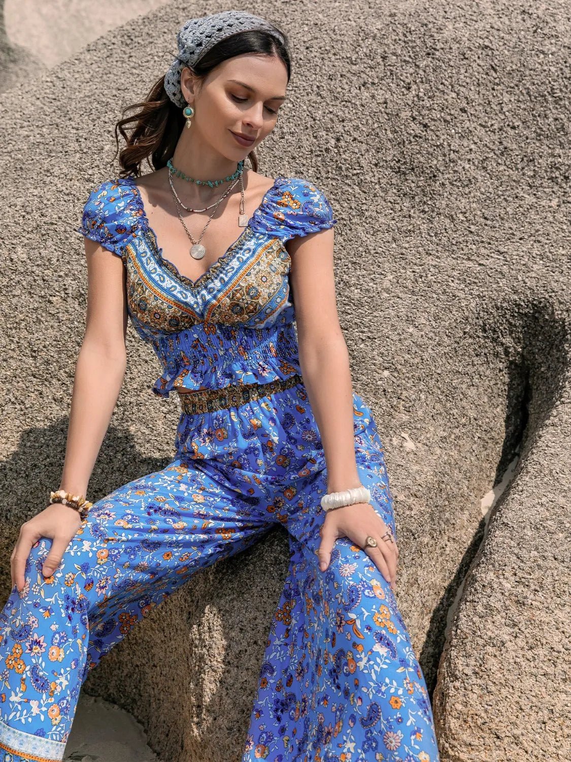 Crowned Energy CO. Blue / S Trendsi Printed V-Neck Top and Pants Set