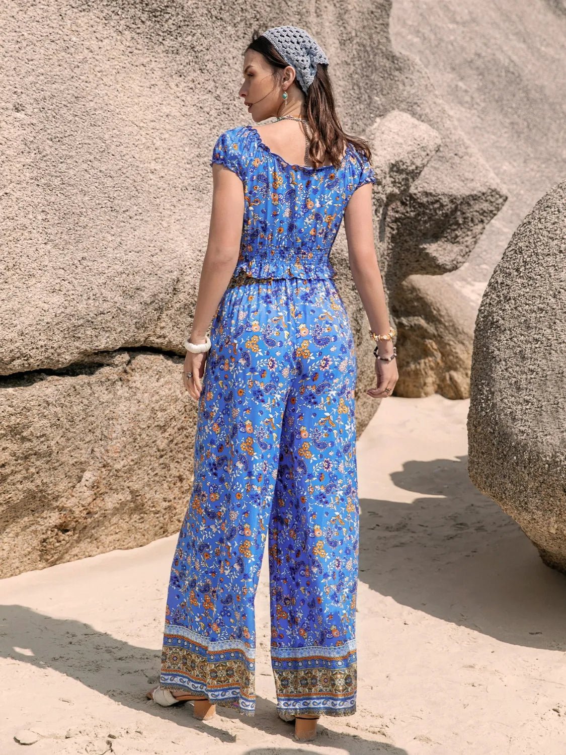 Crowned Energy CO. Blue / S Trendsi Printed V-Neck Top and Pants Set