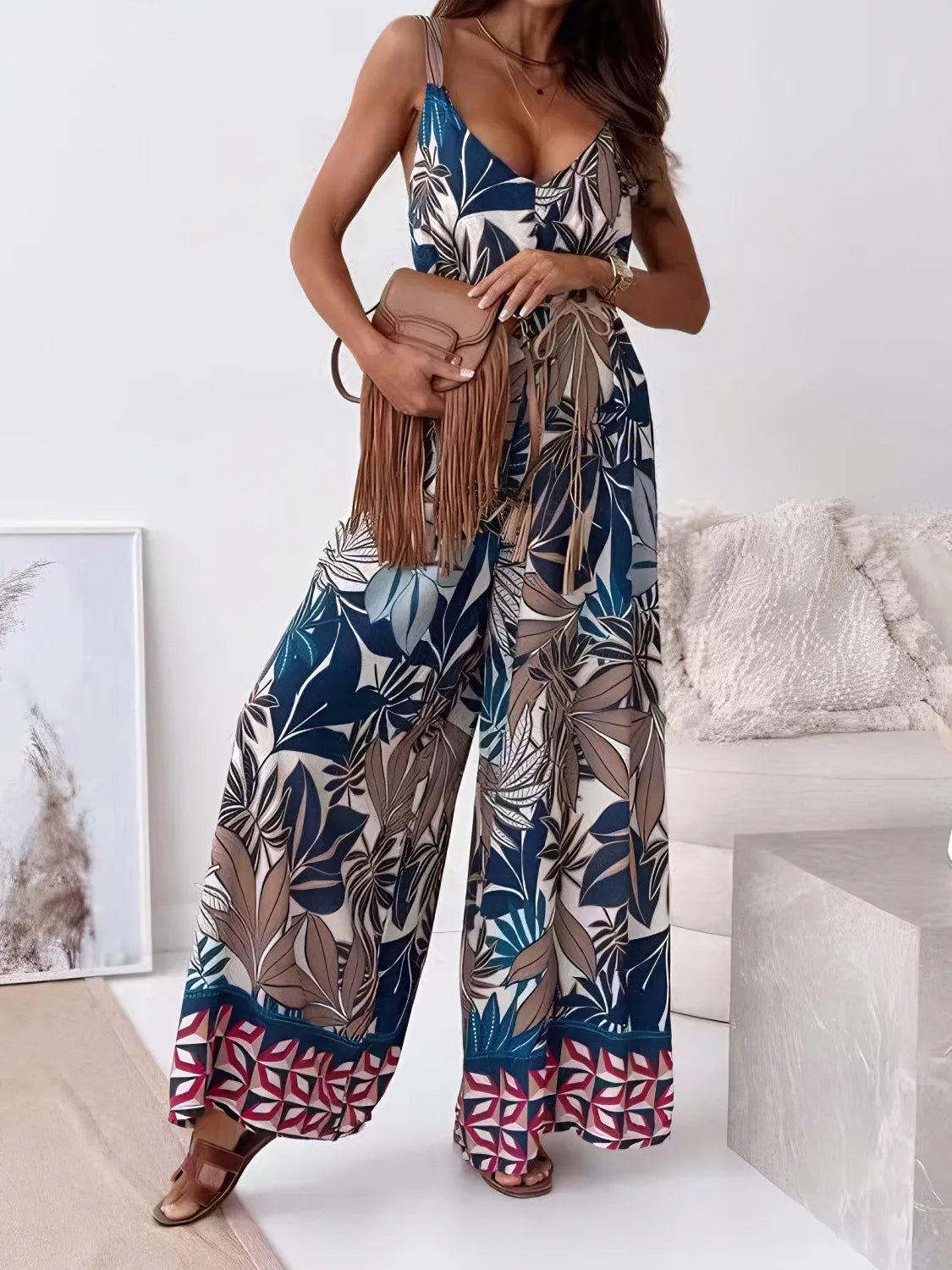 Crowned Energy CO. French Blue / S Trendsi Jumpsuit Printed V-Neck Wide Leg Jumpsuit