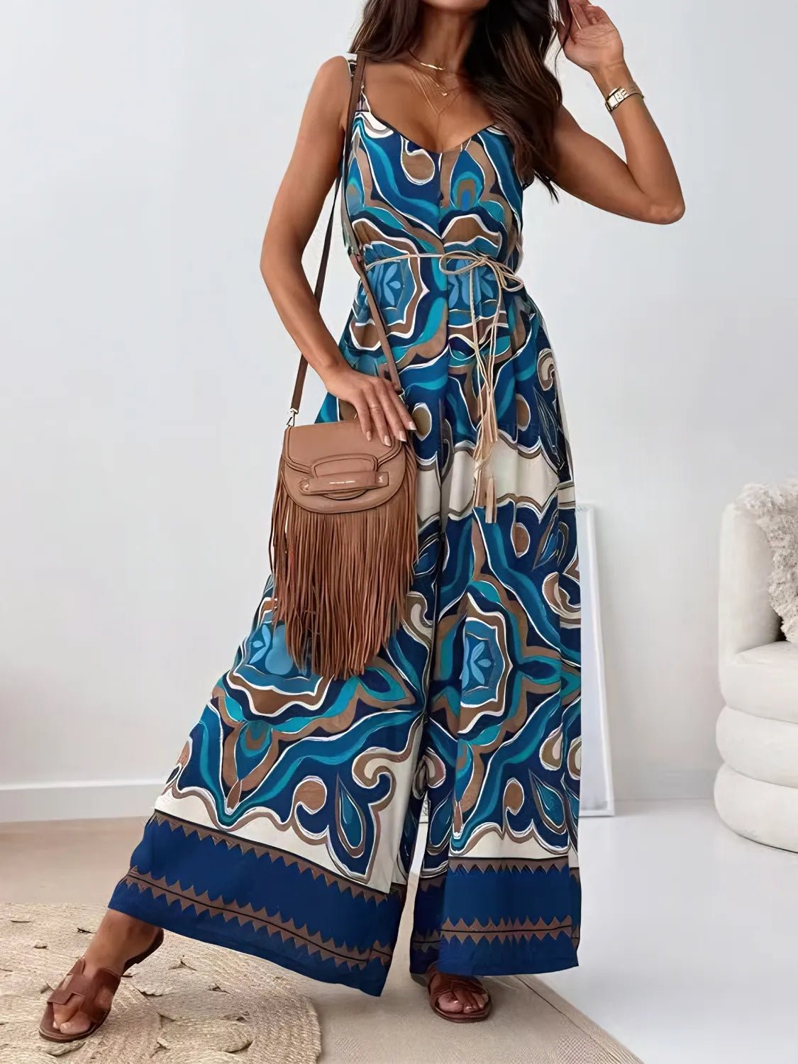 Crowned Energy CO. French Blue / S Trendsi Jumpsuit Printed V-Neck Wide Leg Jumpsuit