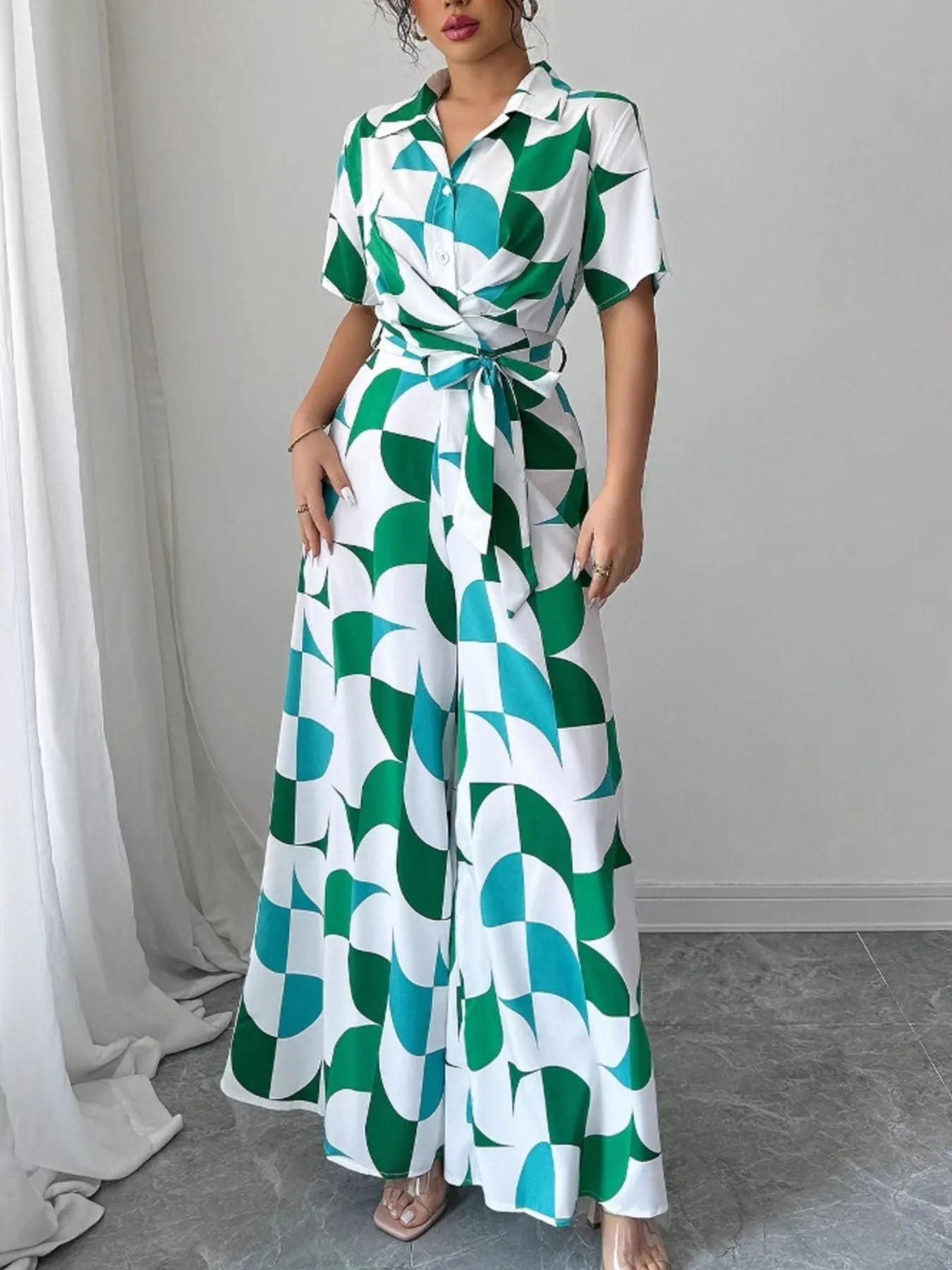 Printed Wide Leg Belted Jumpsuit - Crowned Energy CO.