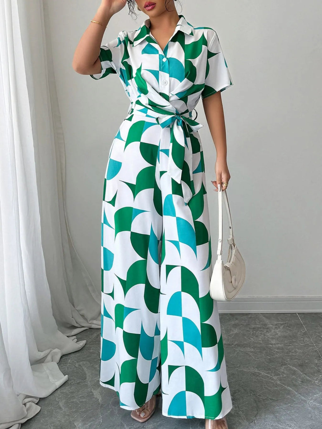 Printed Wide Leg Belted Jumpsuit - Crowned Energy CO.