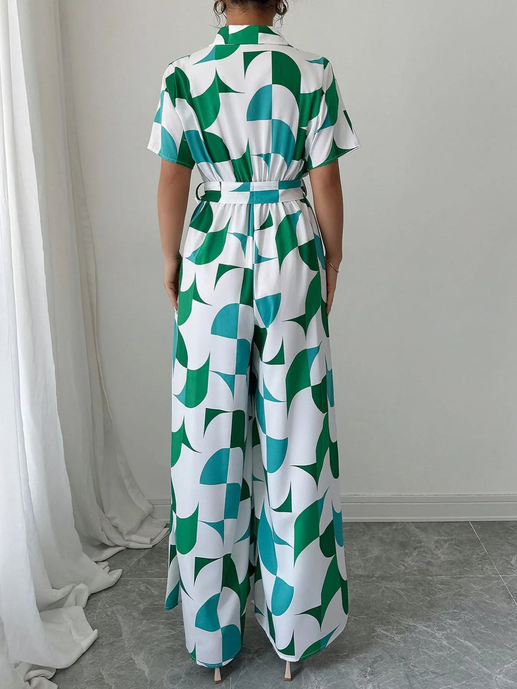 Printed Wide Leg Belted Jumpsuit - Crowned Energy CO.