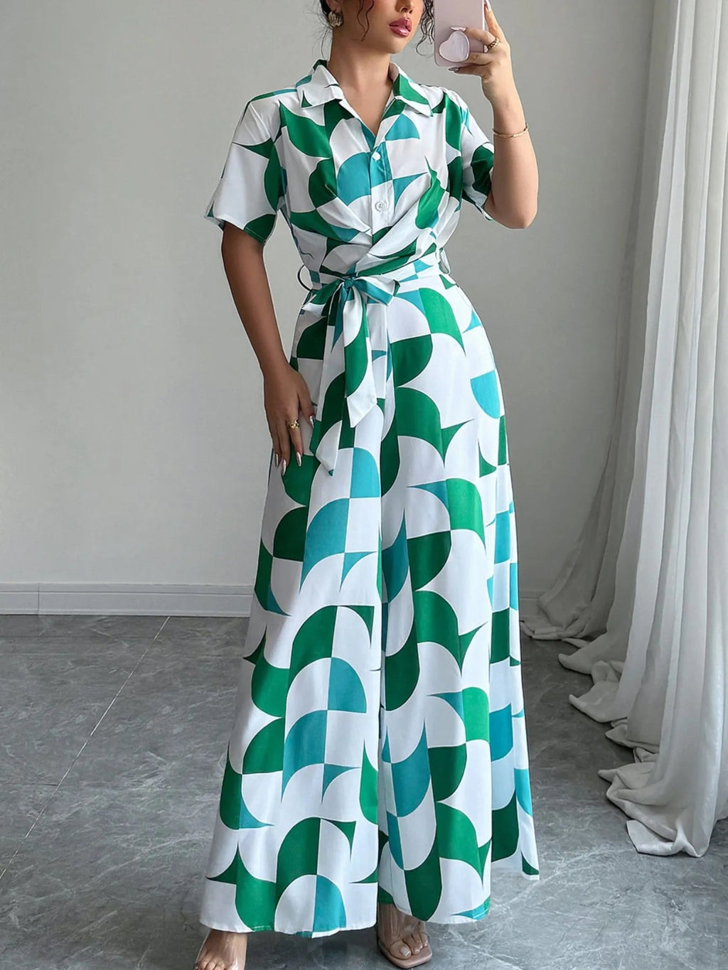 Printed Wide Leg Belted Jumpsuit - Crowned Energy CO.